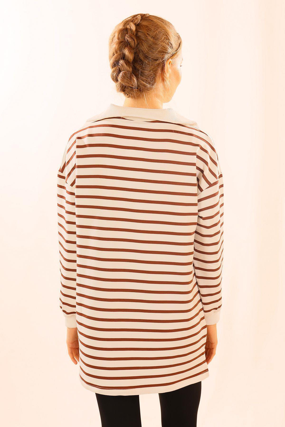 Kahve Fermuarlı Çizgili Sweat 6861 - 4