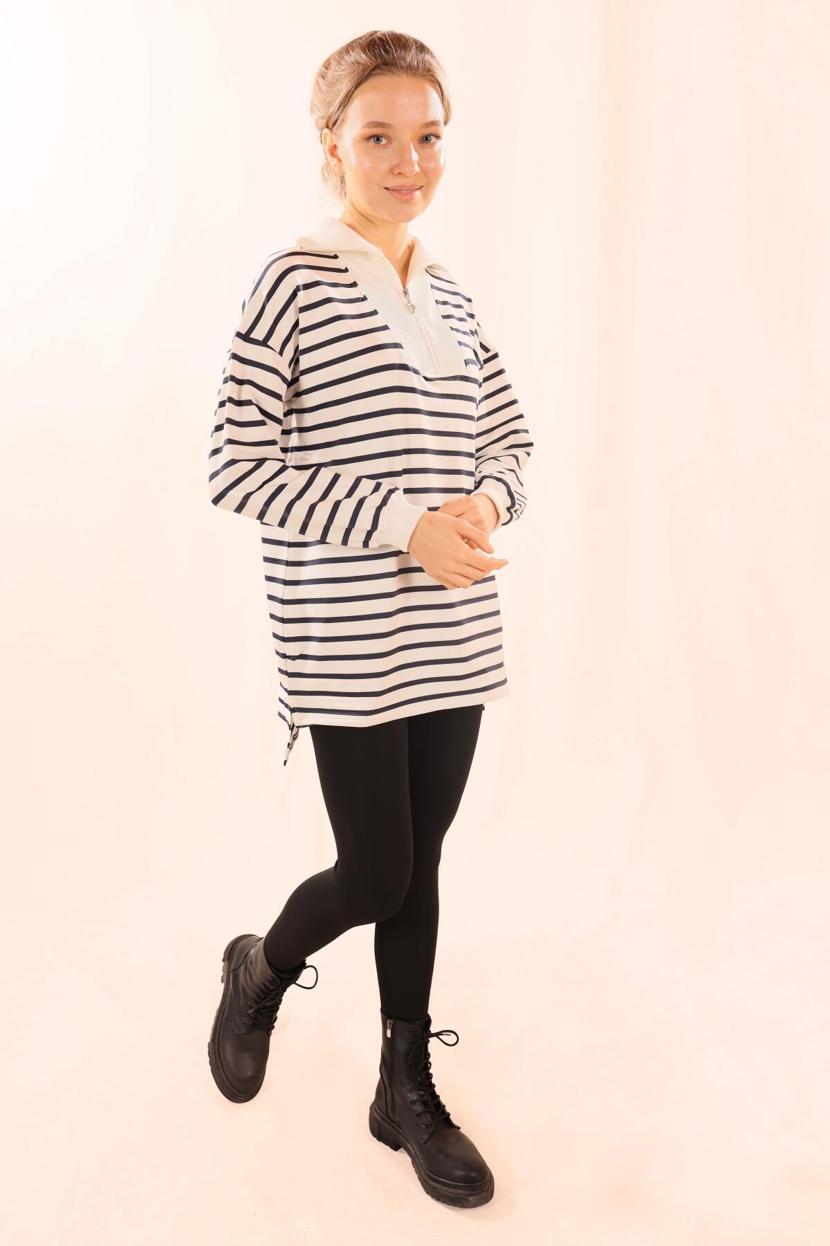6861 Fermuarlı Çizgili Sweat Laci - 3