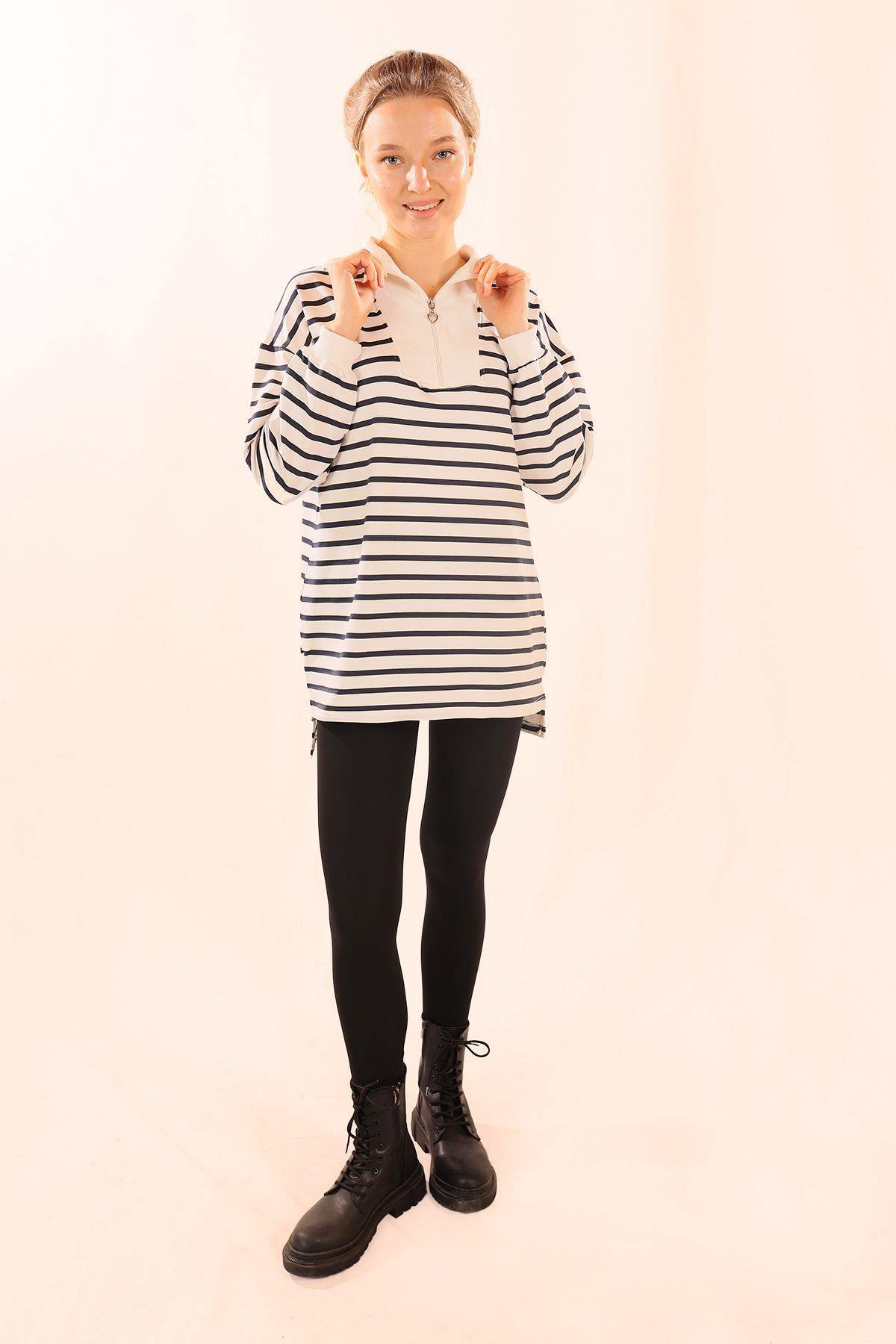 6861 Fermuarlı Çizgili Sweat Laci - 2