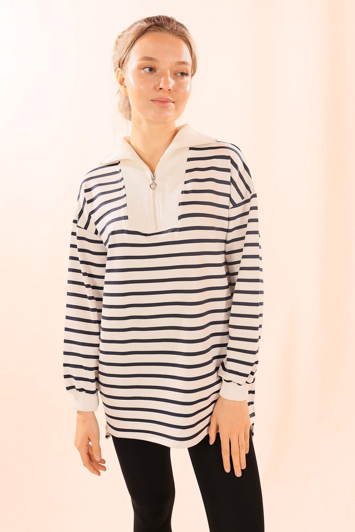 6861 Fermuarlı Çizgili Sweat Laci - 4