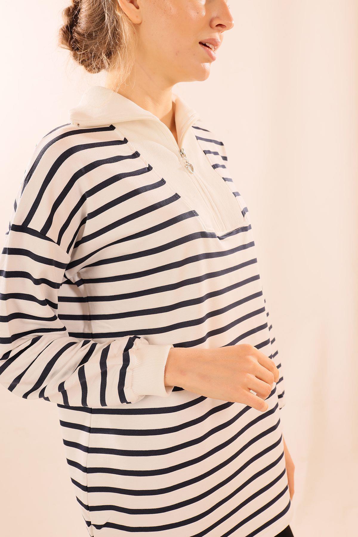 6861 Fermuarlı Çizgili Sweat Laci - 6