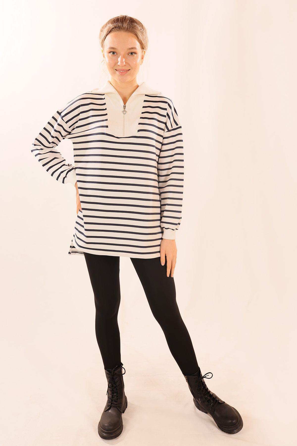 6861 Fermuarlı Çizgili Sweat Laci 