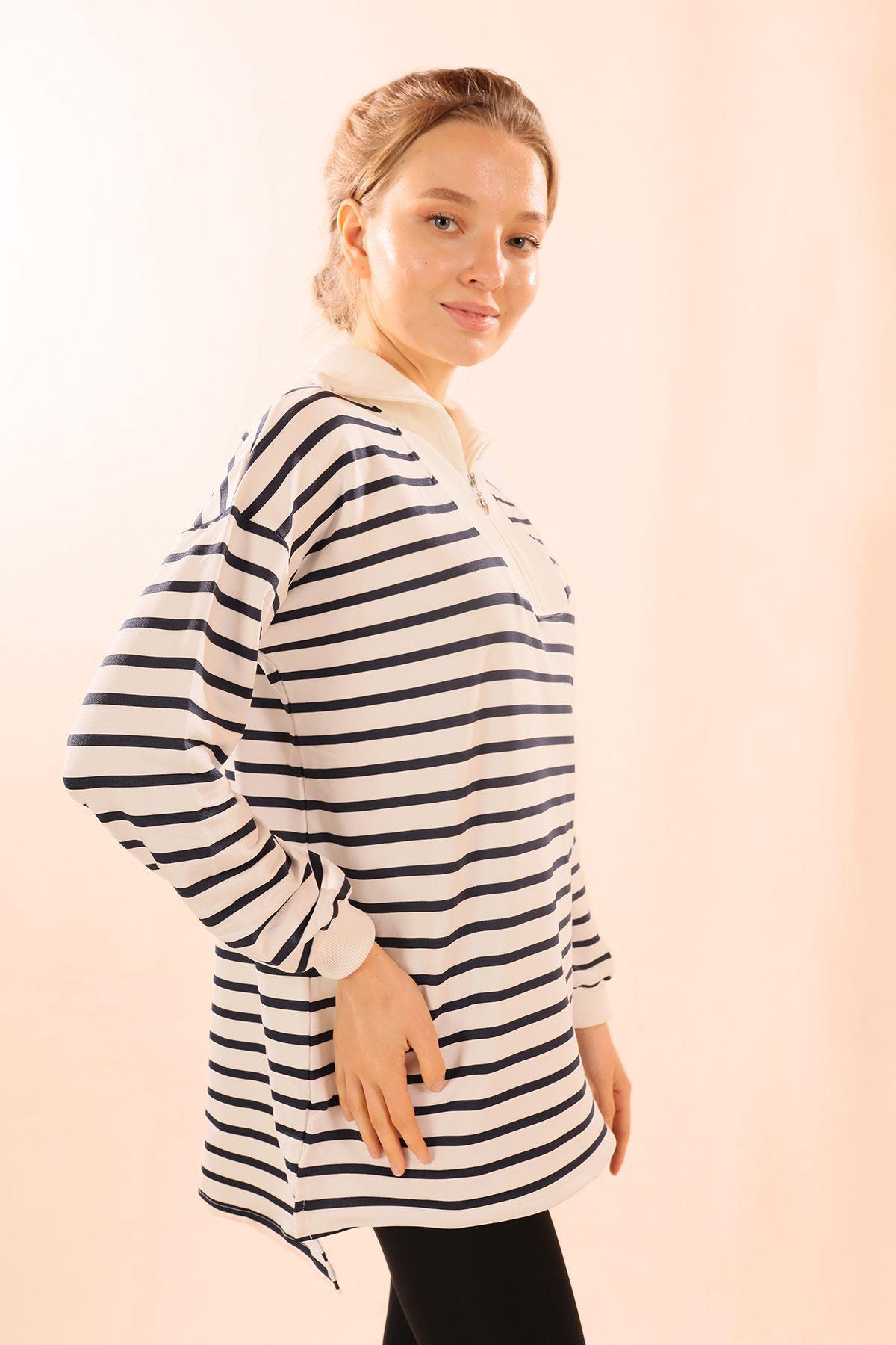 Laci Fermuarlı Çizgili Sweat 6861 - 7