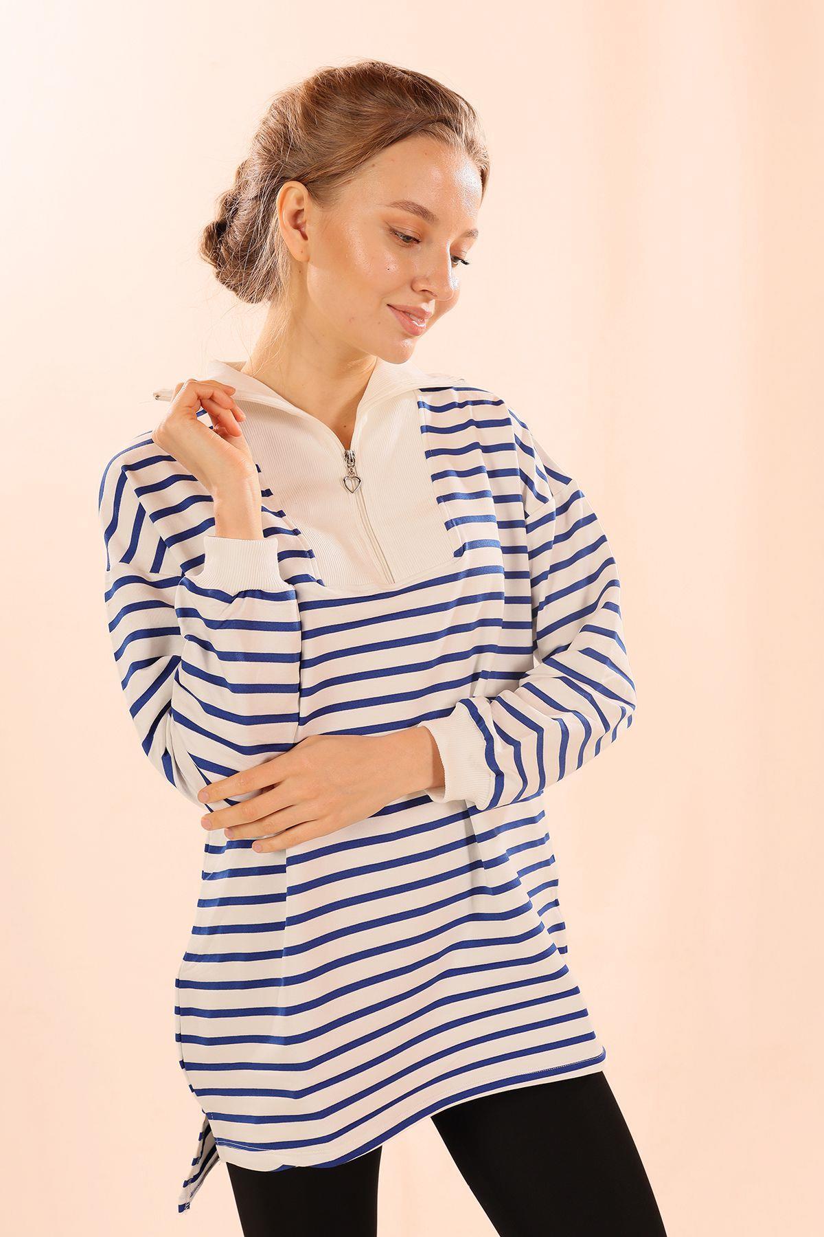 6861 Fermuarlı Çizgili Sweat Saks - 3