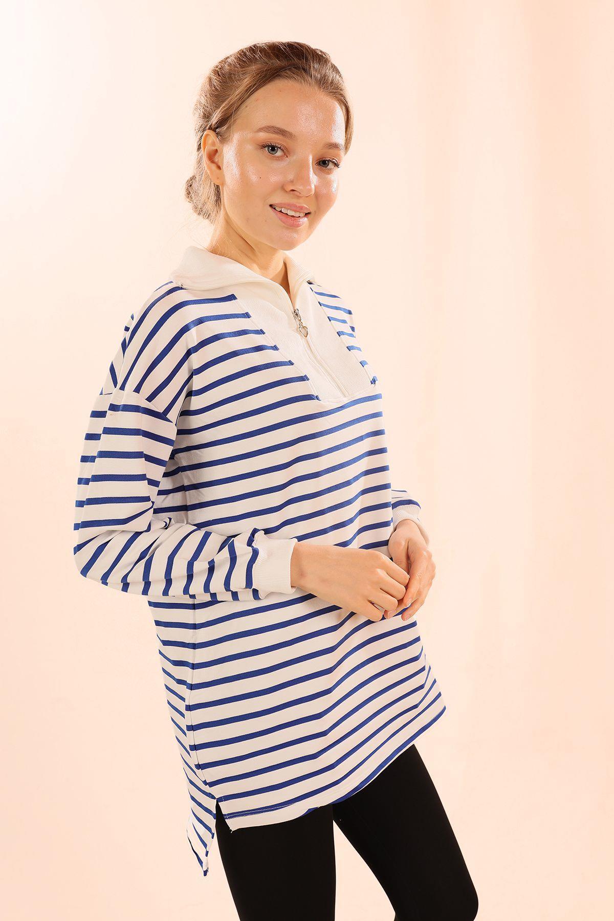 6861 Fermuarlı Çizgili Sweat Saks - 4