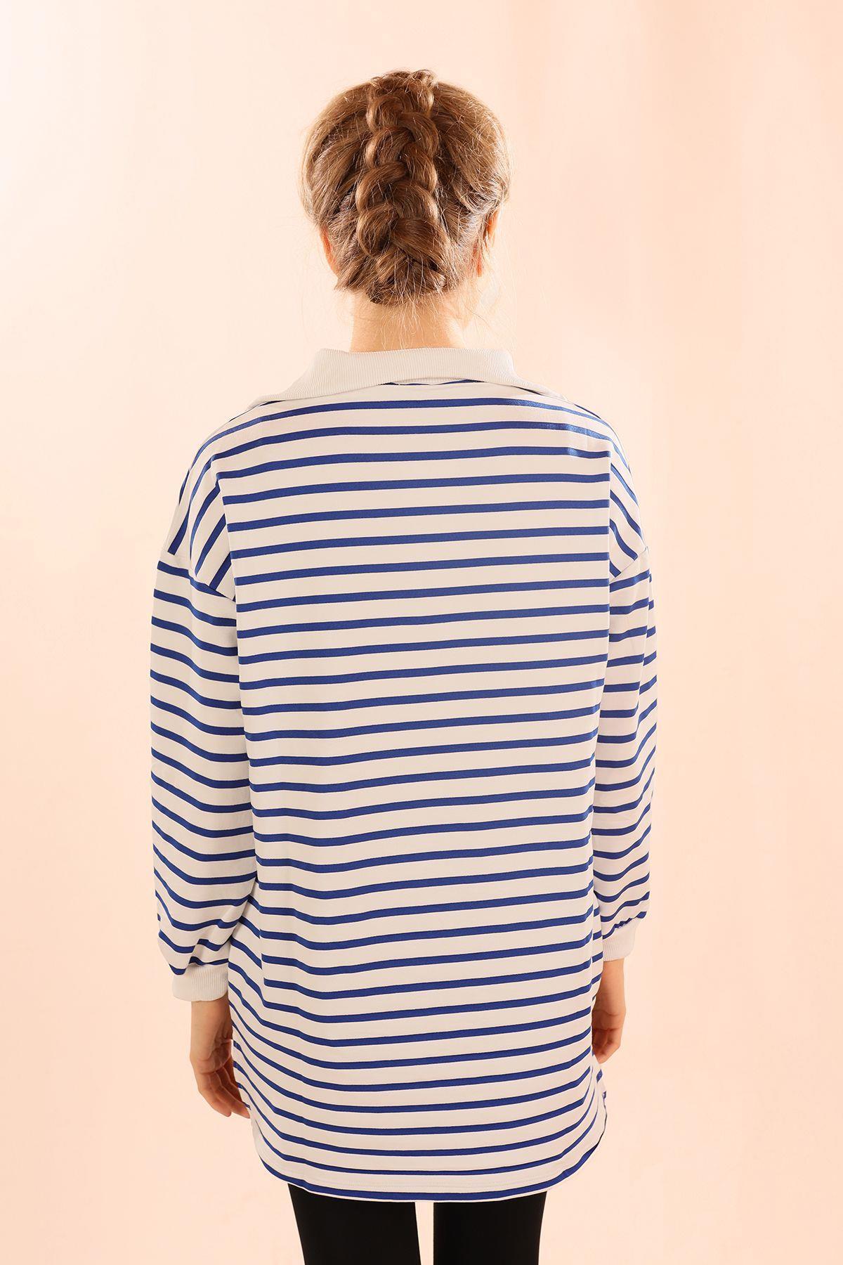 6861 Fermuarlı Çizgili Sweat Saks - 6