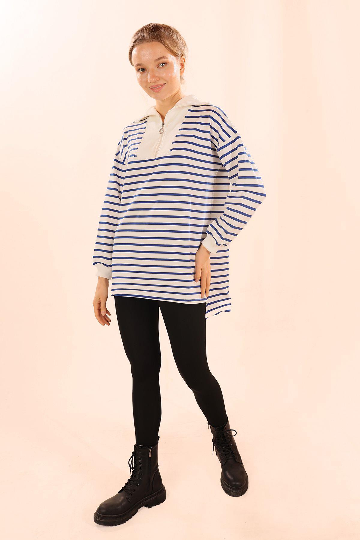 6861 Fermuarlı Çizgili Sweat Saks - 7