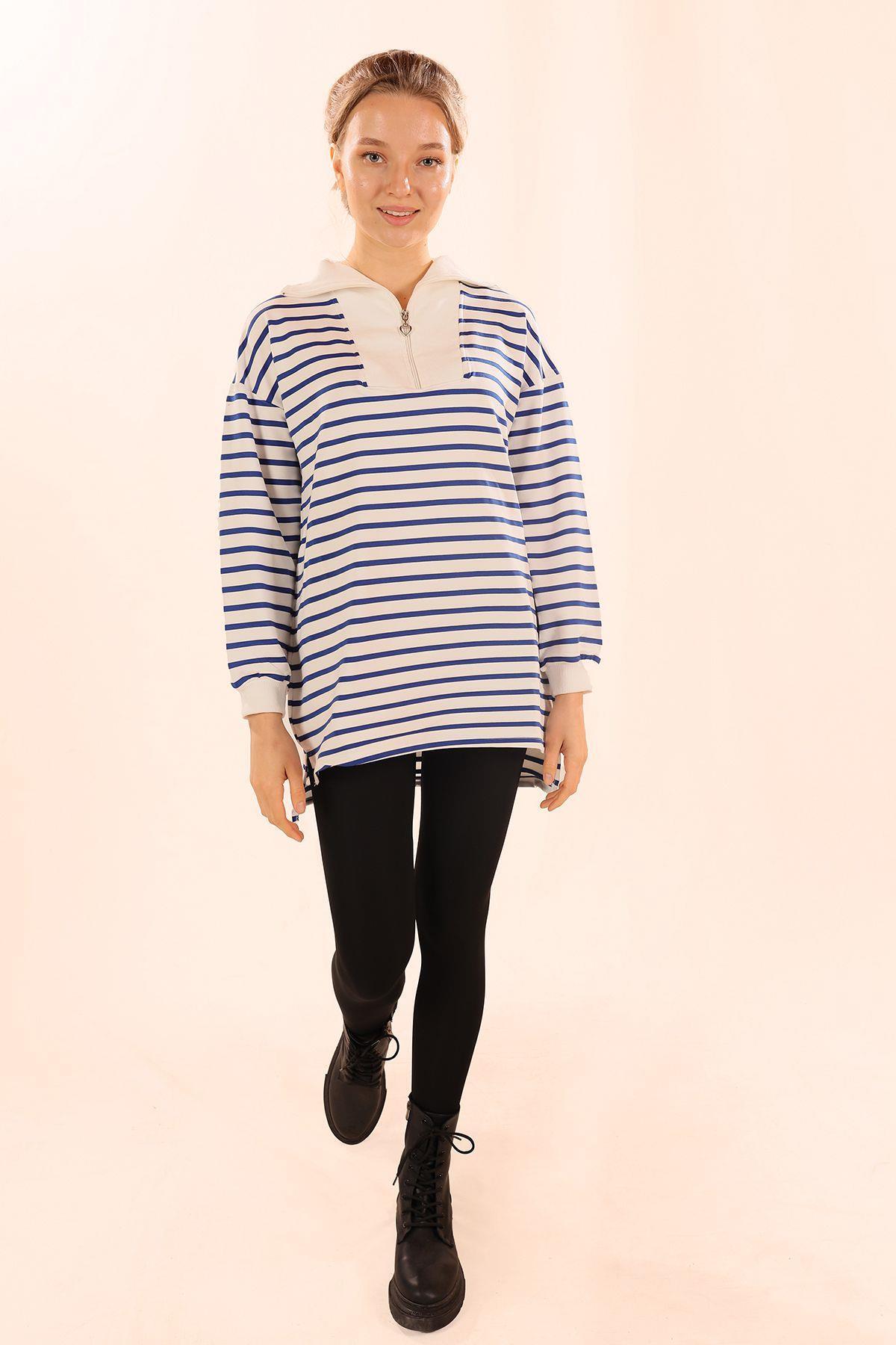 6861 Fermuarlı Çizgili Sweat Saks - 8