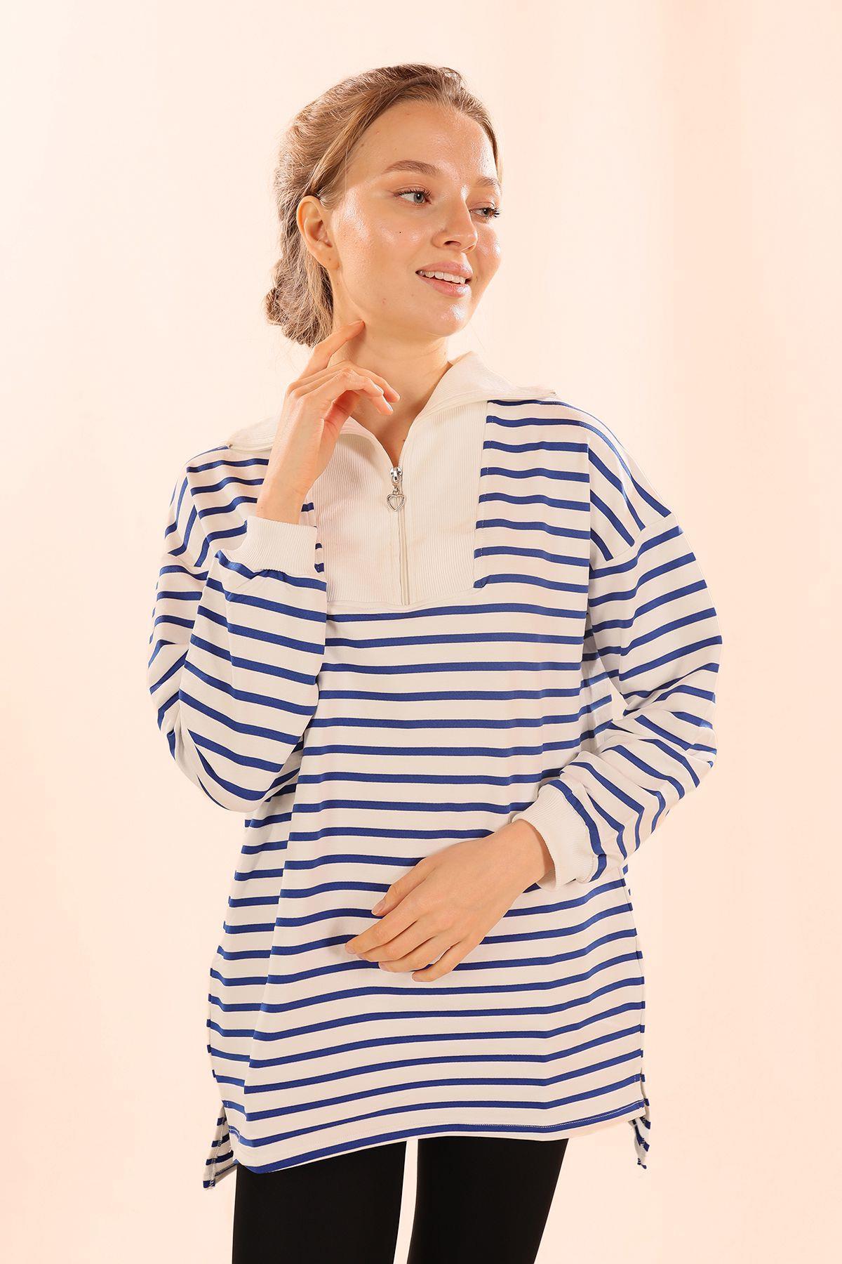 6861 Fermuarlı Çizgili Sweat Saks - 2