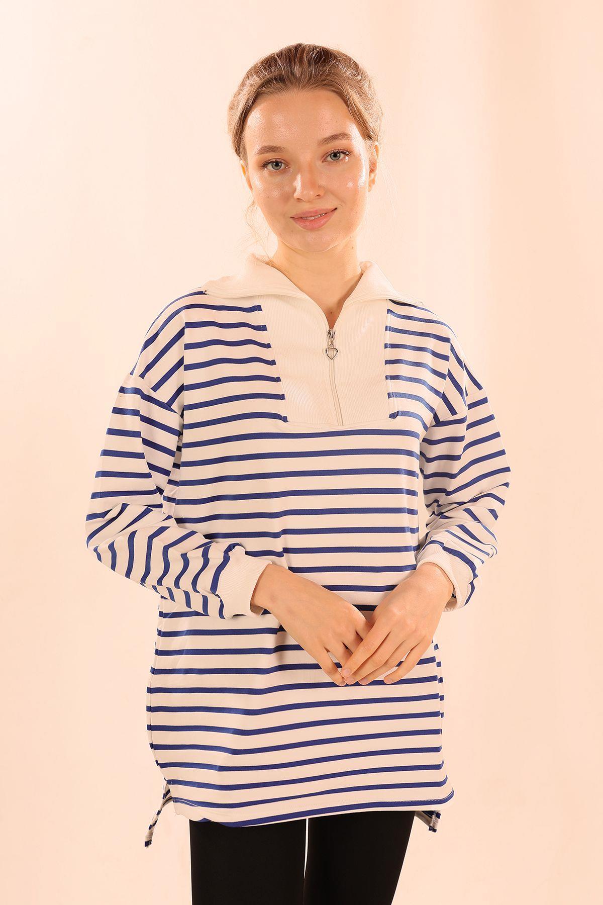 6861 Fermuarlı Çizgili Sweat Saks 