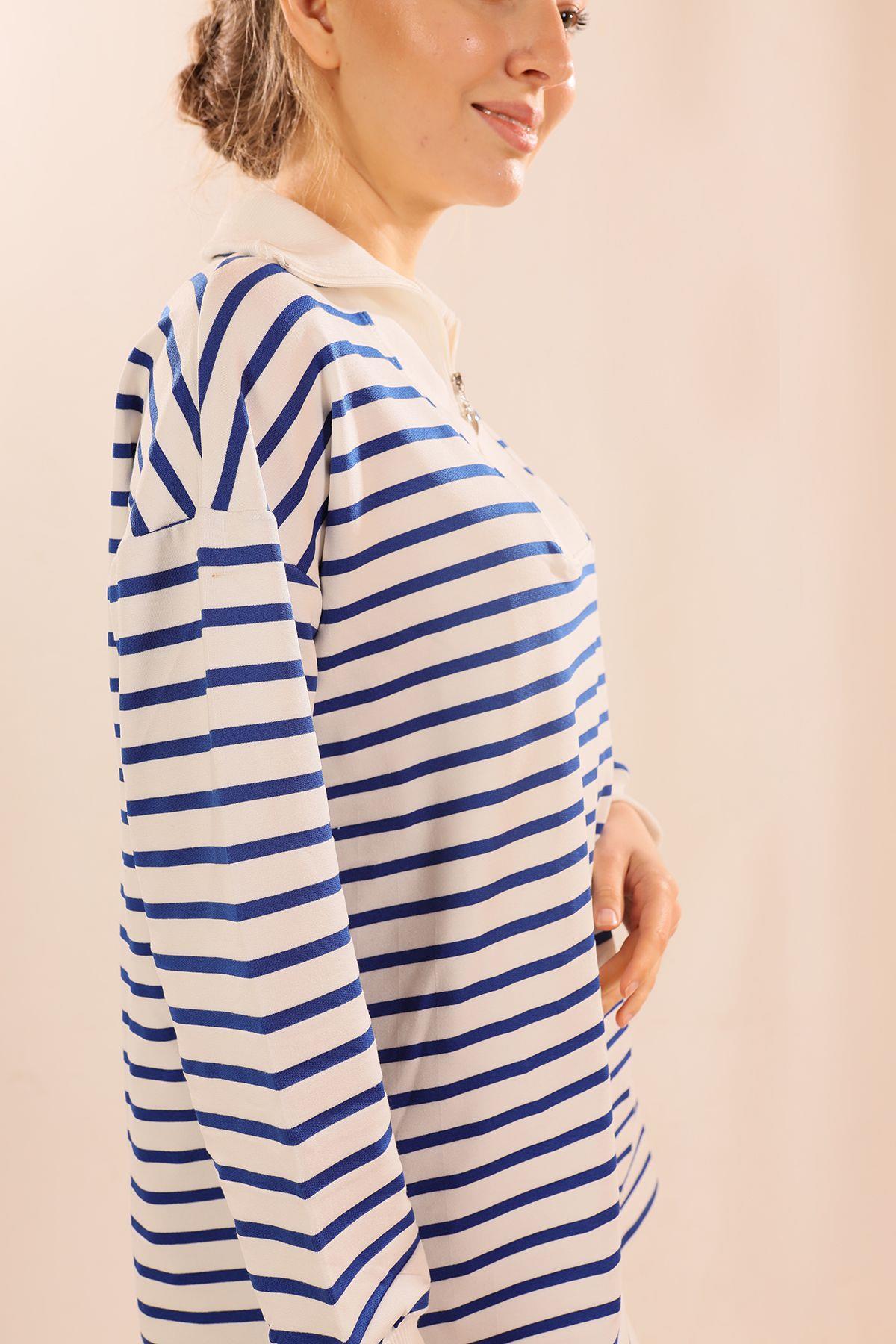 6861 Fermuarlı Çizgili Sweat Saks - 5