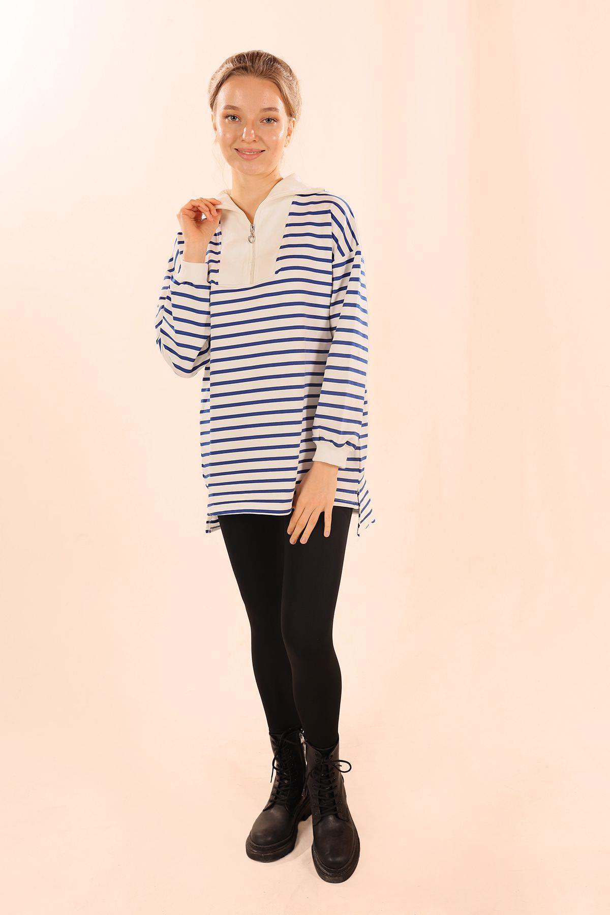 6861 Fermuarlı Çizgili Sweat Saks - 9