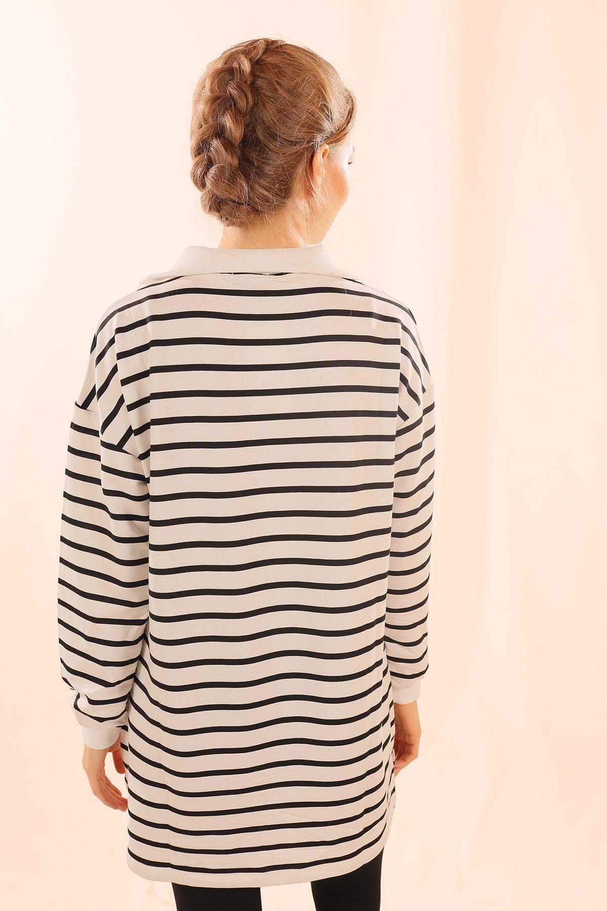 6861 Fermuarlı Çizgili Sweat Siyah - 5