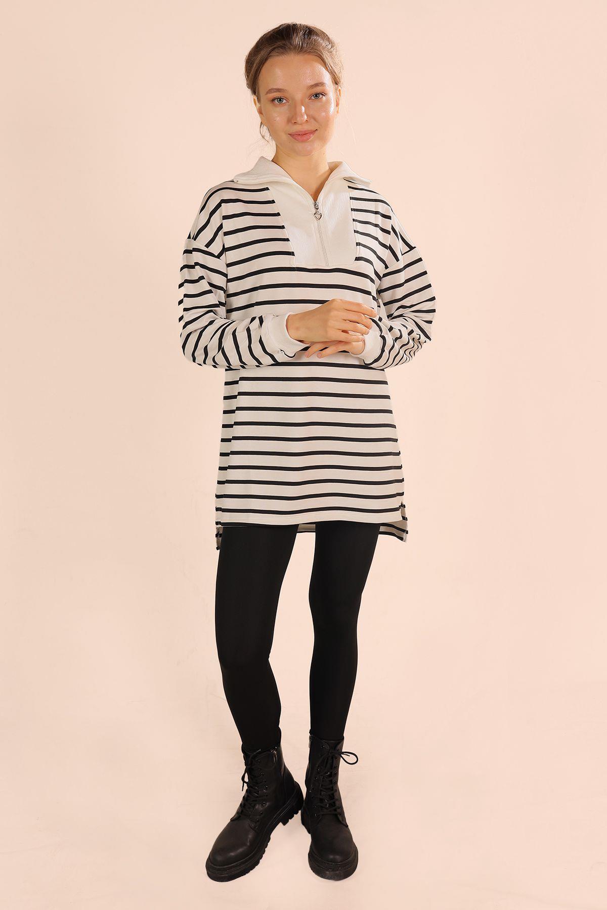 6861 Fermuarlı Çizgili Sweat Siyah - 2