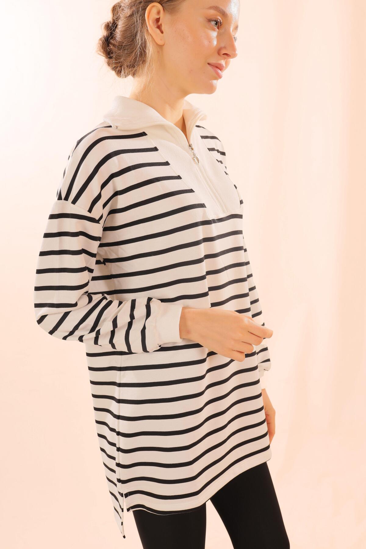 6861 Fermuarlı Çizgili Sweat Siyah - 3