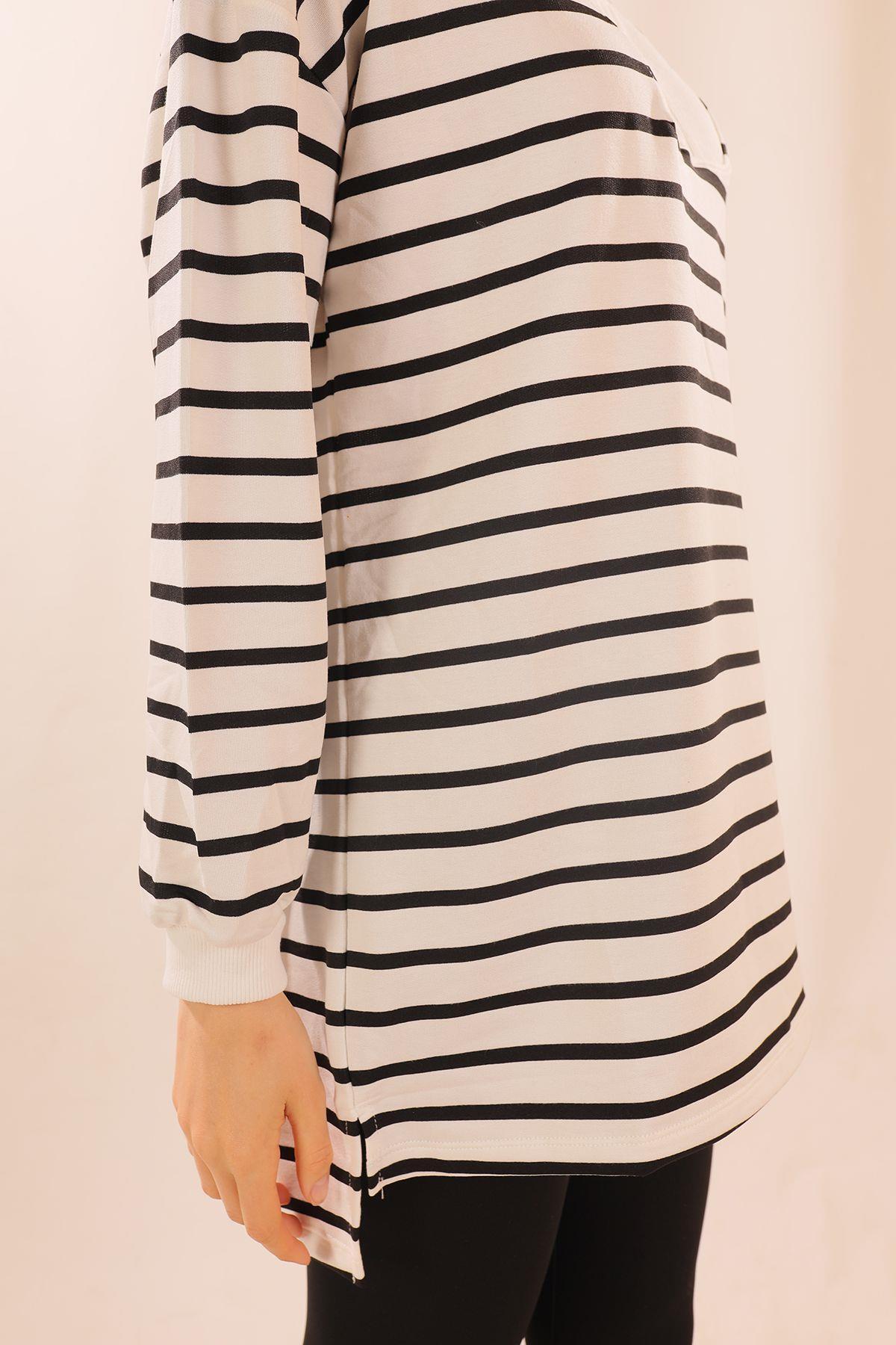 6861 Fermuarlı Çizgili Sweat Siyah - 4