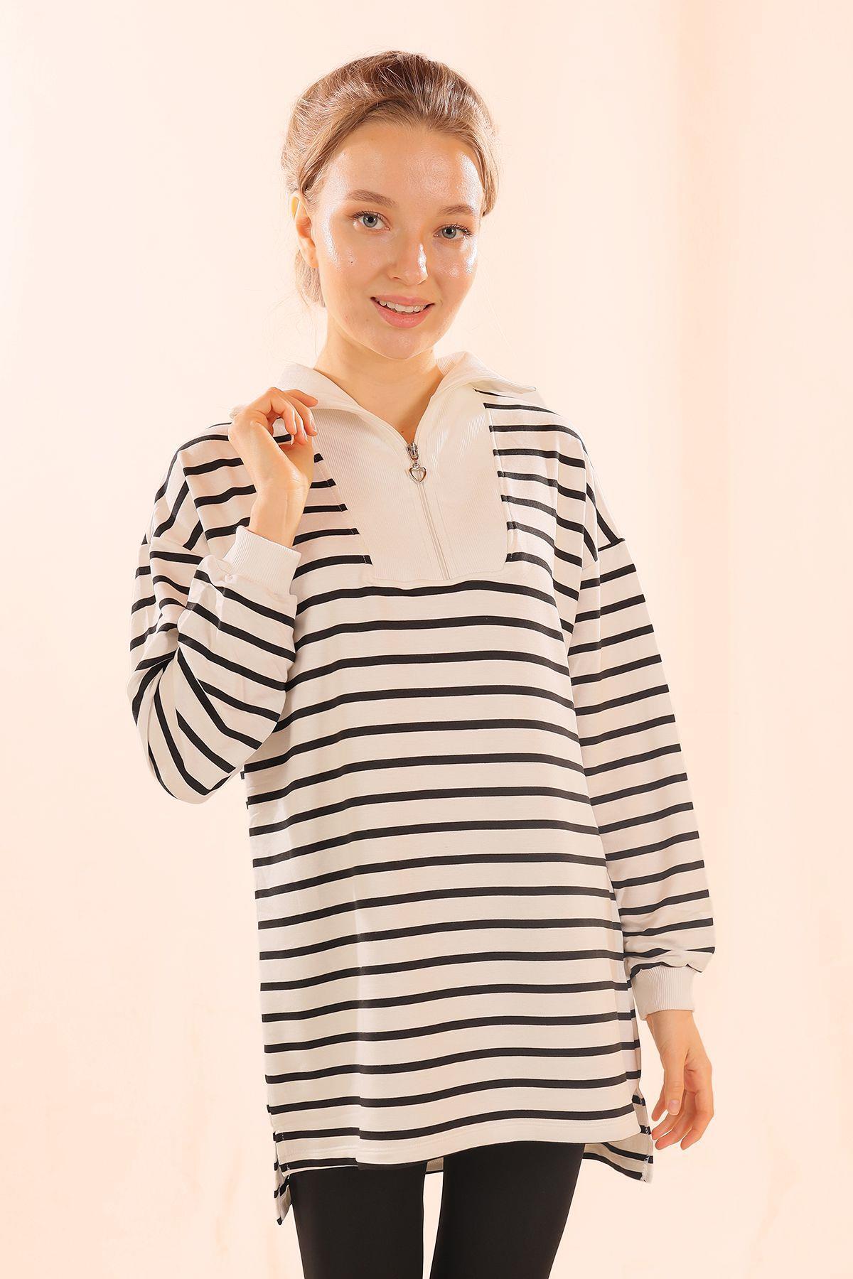 Siyah Fermuarlı Çizgili Sweat 6861 