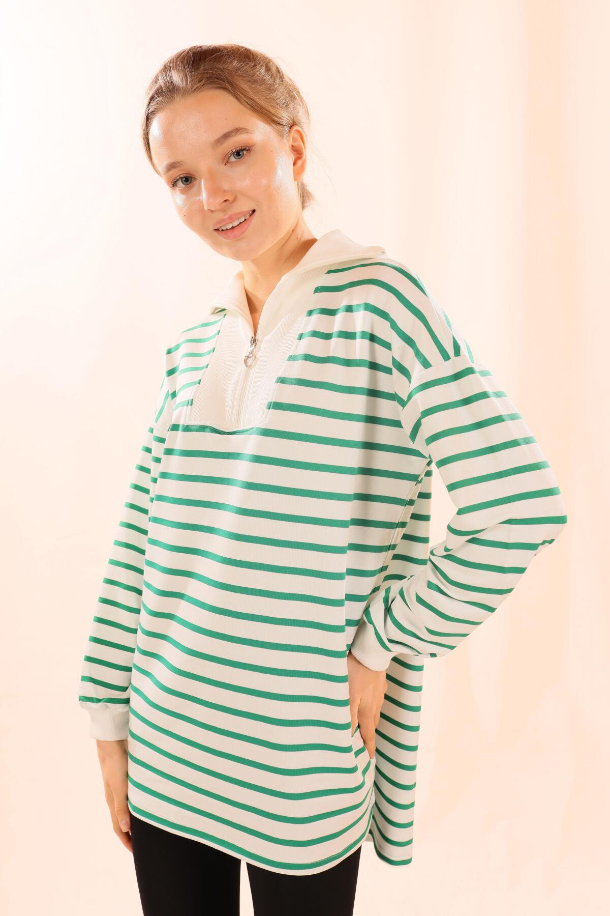 6861 Fermuarlı Çizgili Sweat Yeşil - 3