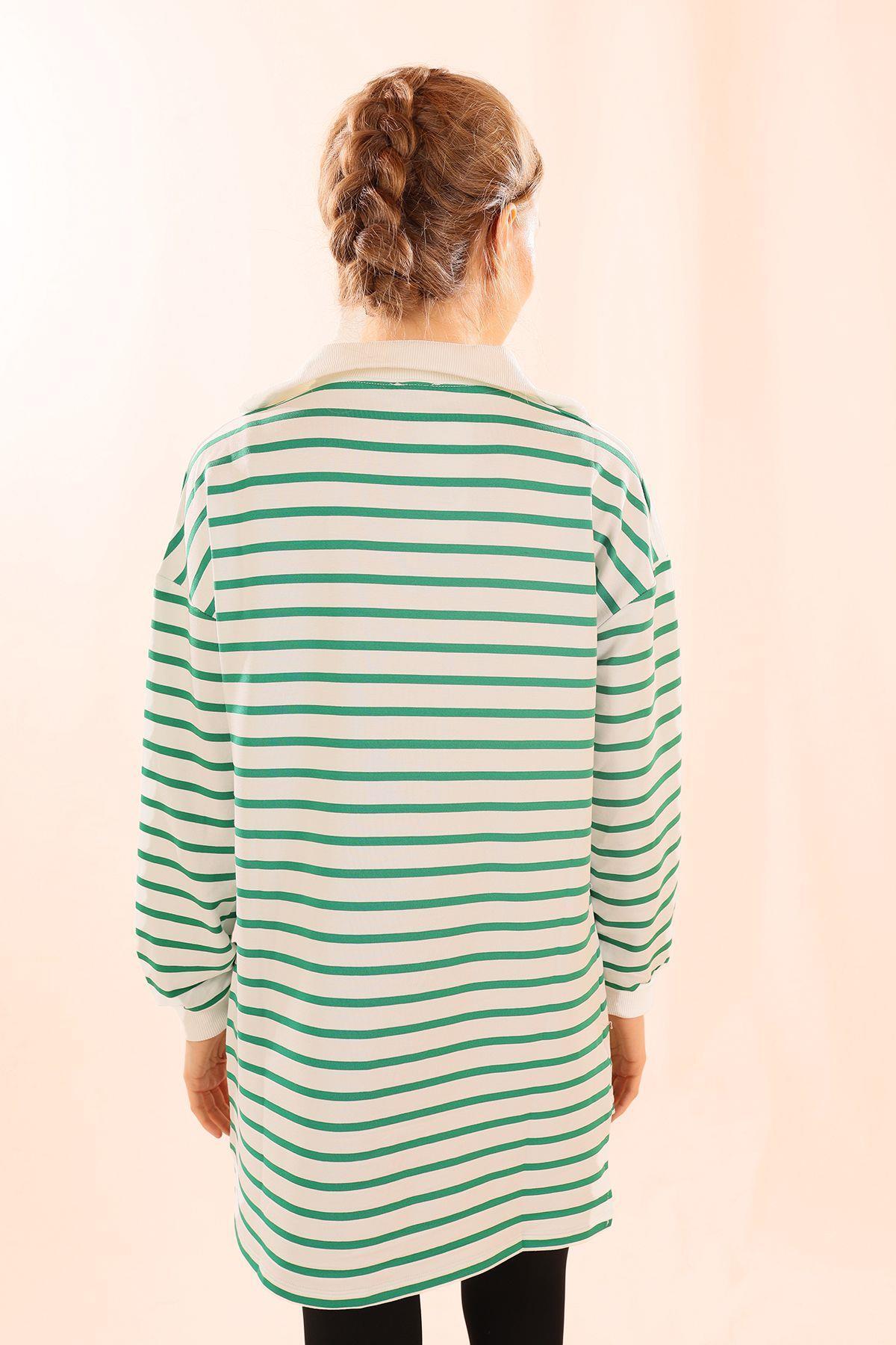 6861 Fermuarlı Çizgili Sweat Yeşil - 6