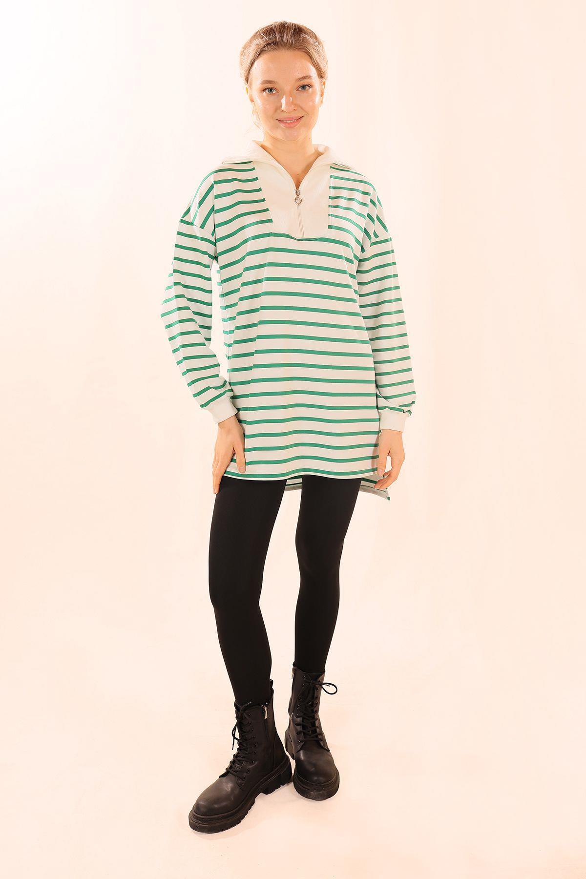 6861 Fermuarlı Çizgili Sweat Yeşil - 7