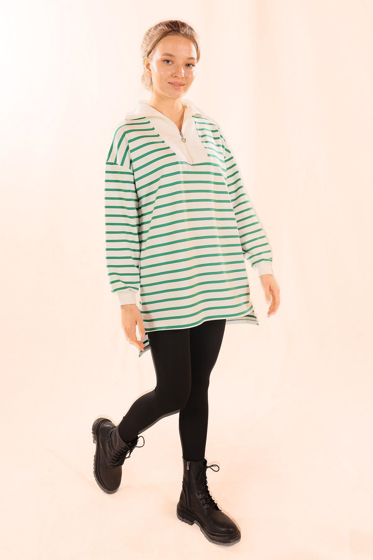 6861 Fermuarlı Çizgili Sweat Yeşil - 8