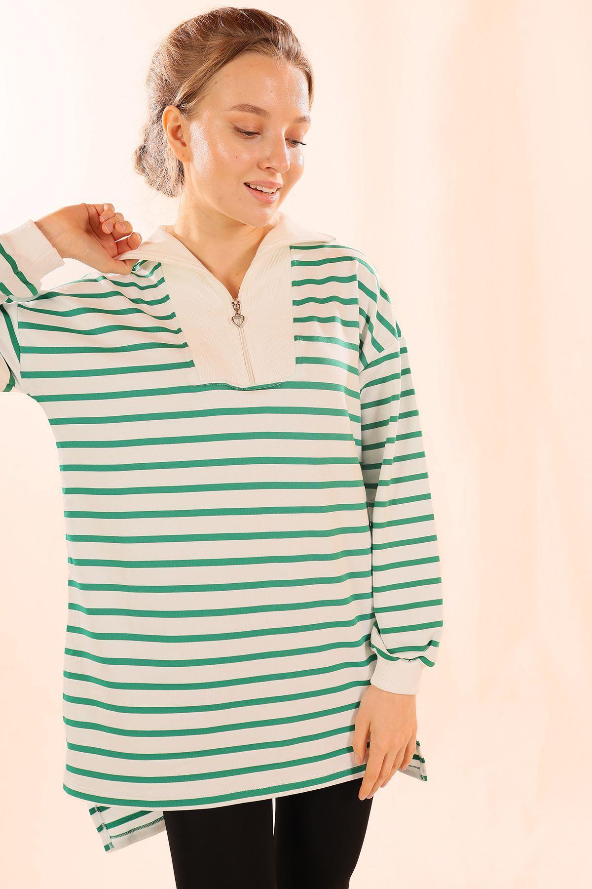 Yeşil Fermuarlı Çizgili Sweat 6861 - 4