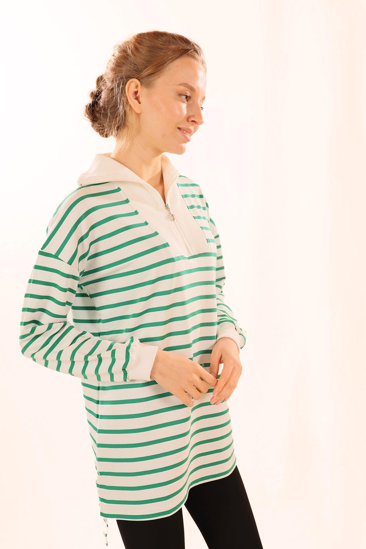 Yeşil Fermuarlı Çizgili Sweat 6861 - 5