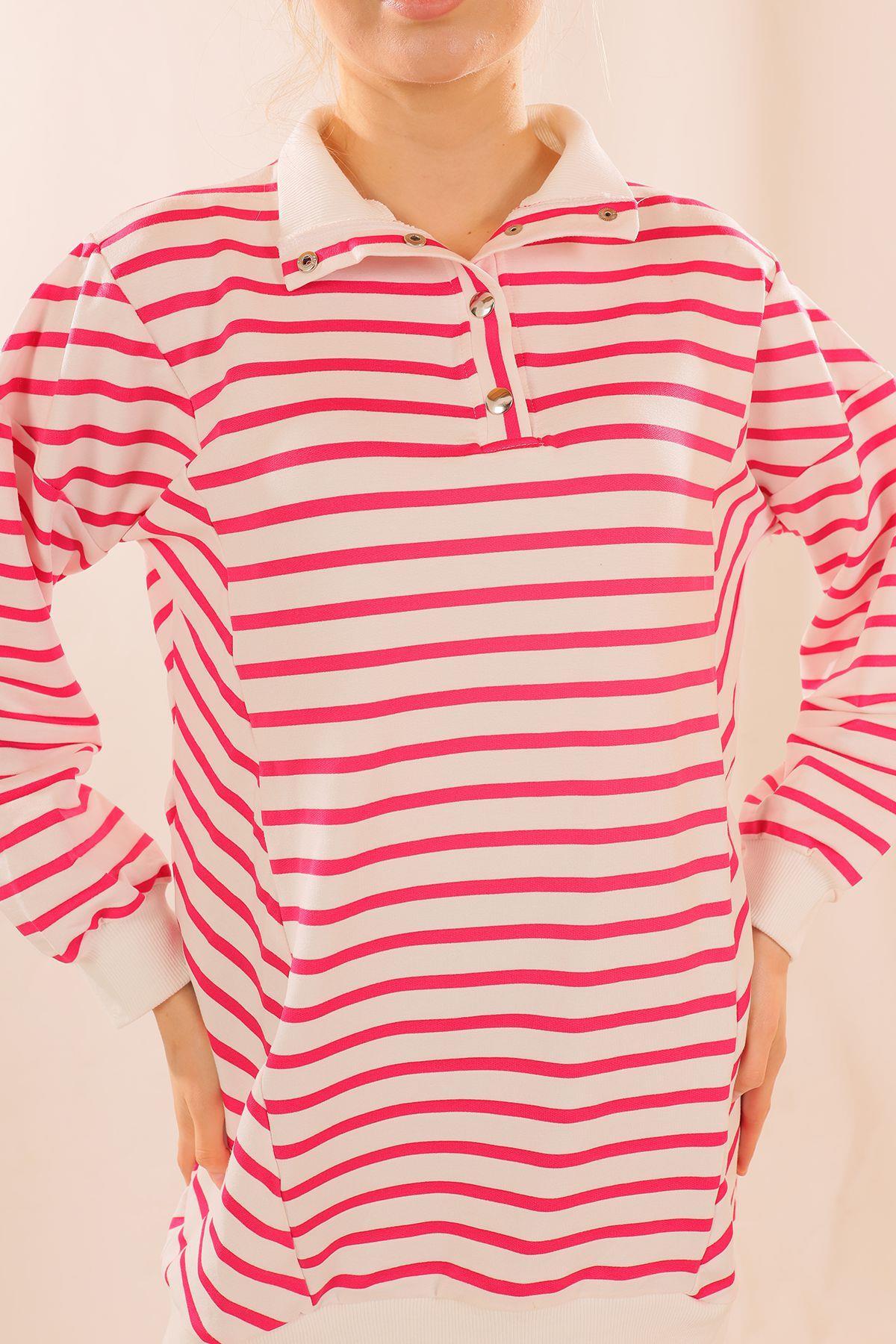 6868 Yaka Çıtçıtlı Çizgili Sweat Fuşya - 3