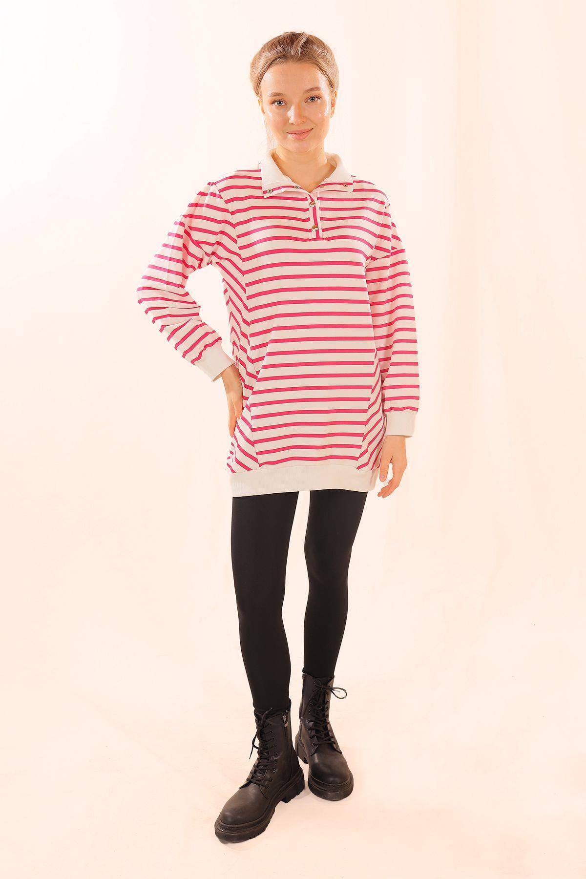 6868 Yaka Çıtçıtlı Çizgili Sweat Fuşya - 5