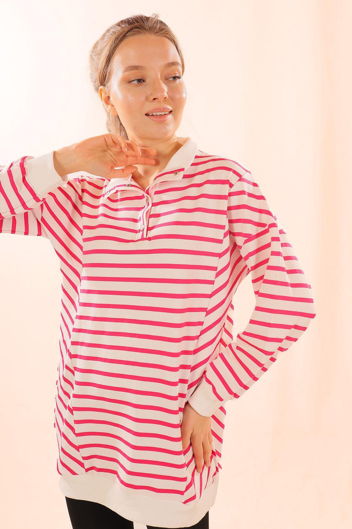6868 Yaka Çıtçıtlı Çizgili Sweat Fuşya - 2