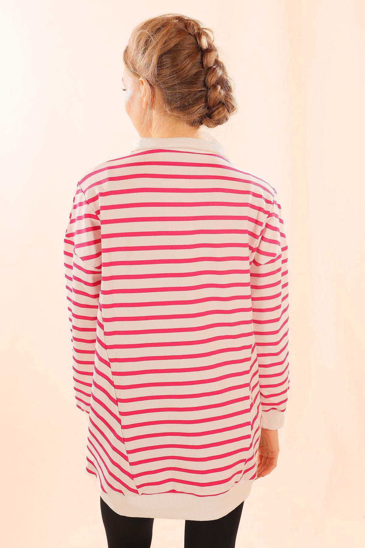 6868 Yaka Çıtçıtlı Çizgili Sweat Fuşya - 4
