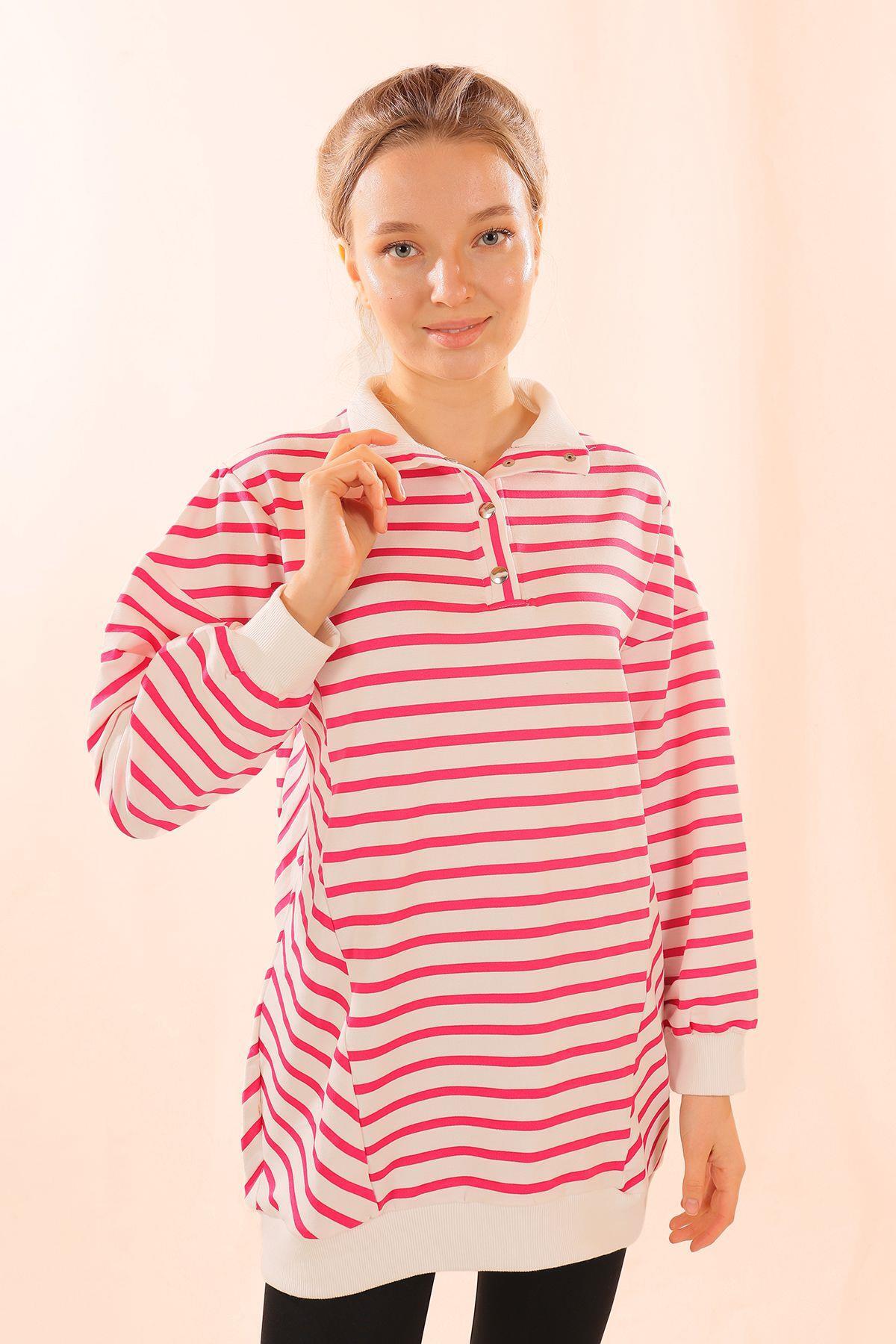 Fuşya Yaka Çıtçıtlı Çizgili Sweat 6868 