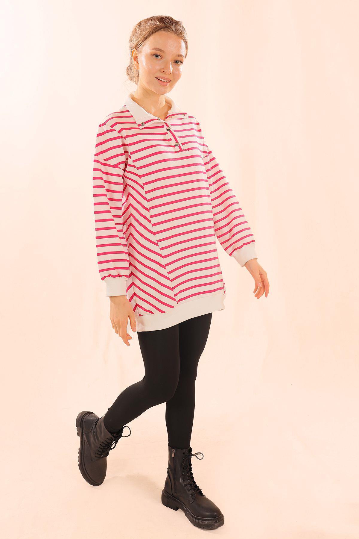 Fuşya Yaka Çıtçıtlı Çizgili Sweat 6868 - 6