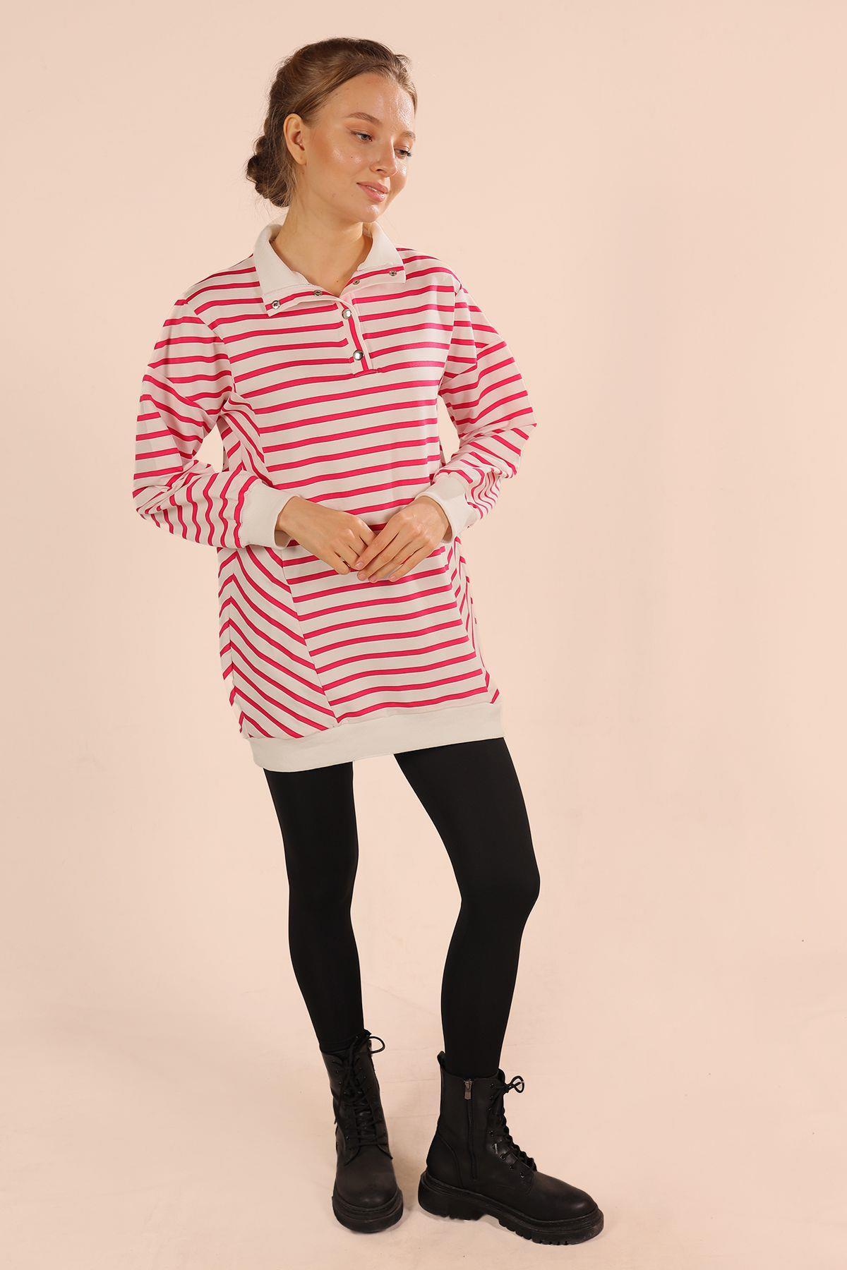 Fuşya Yaka Çıtçıtlı Çizgili Sweat 6868 - 7