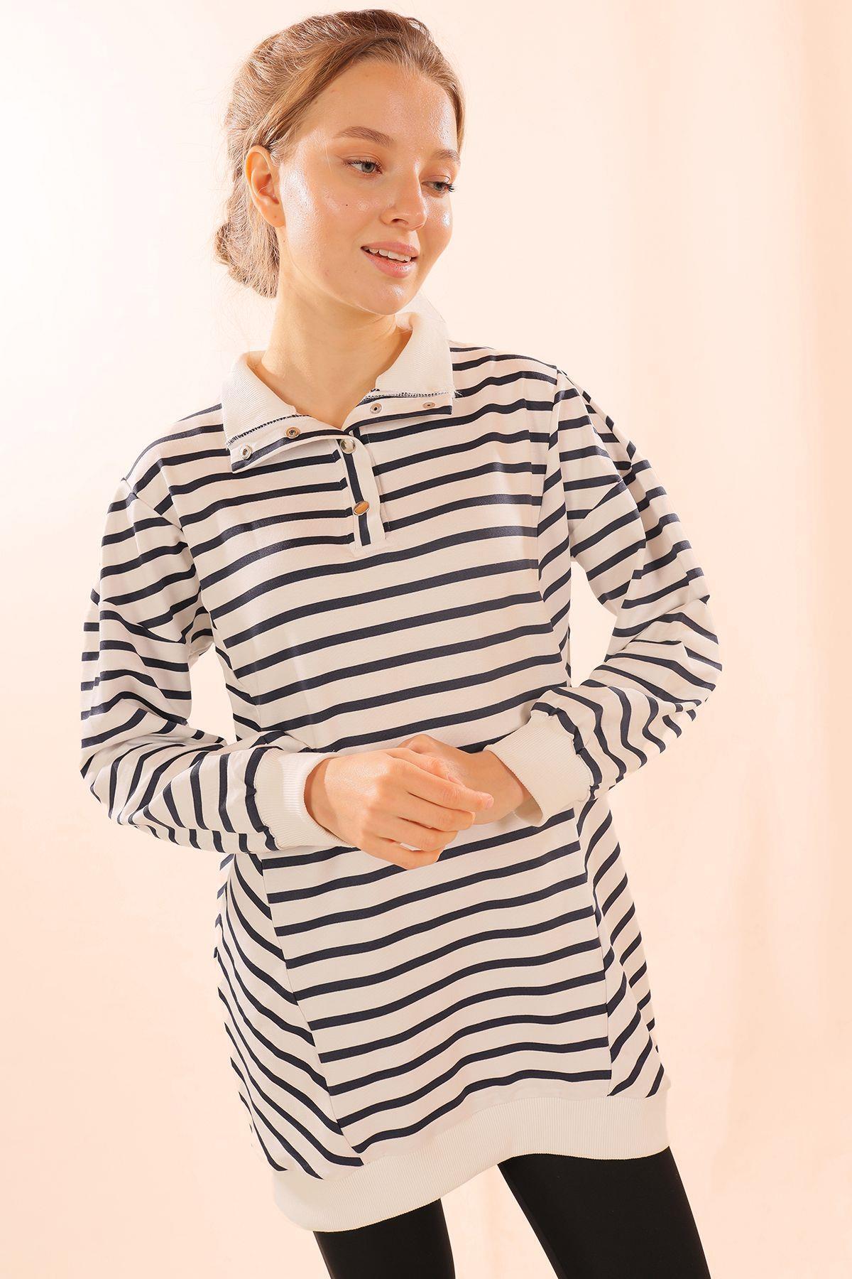 6868 Yaka Çıtçıtlı Çizgili Sweat Laci - 2