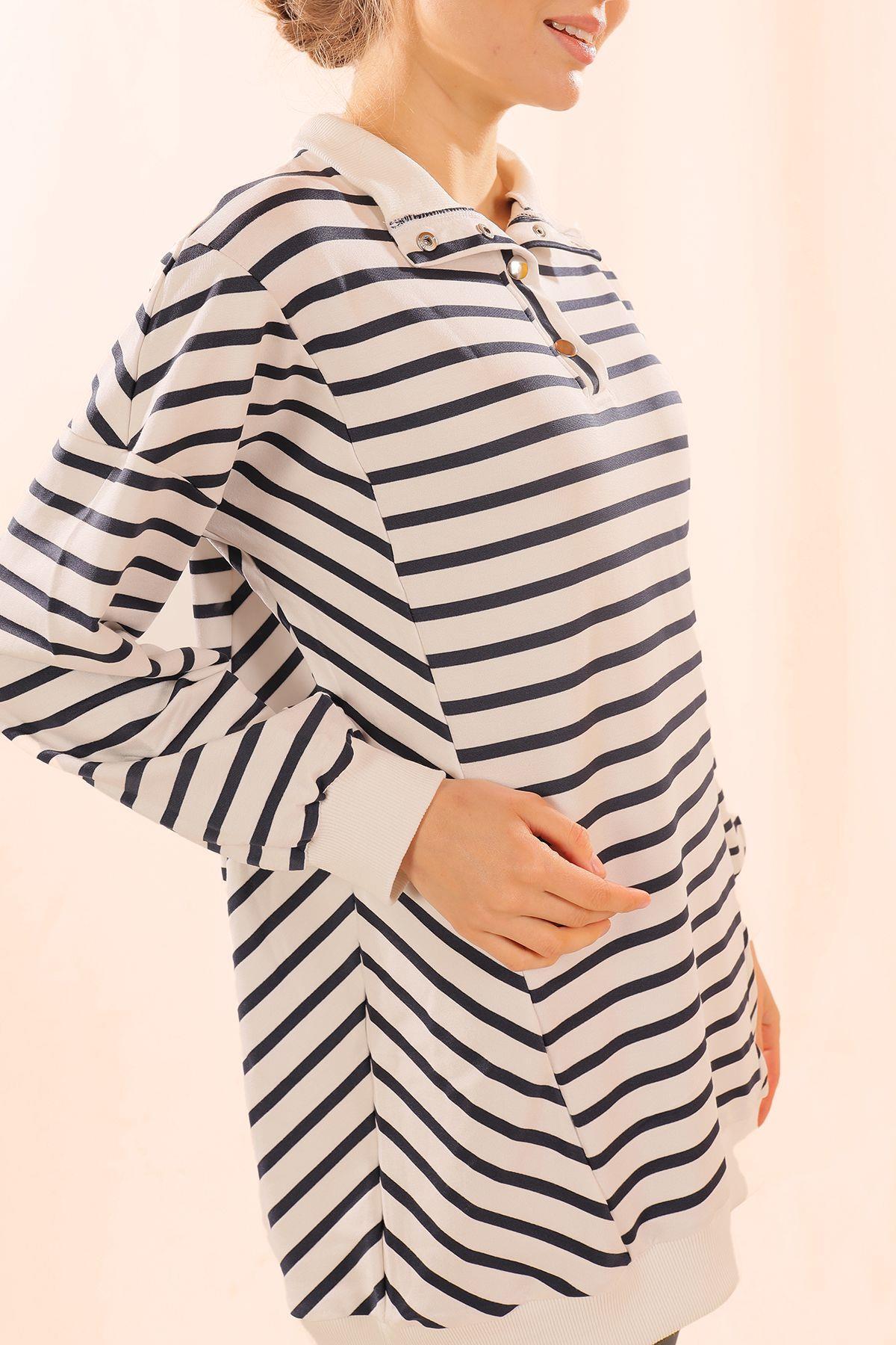 Laci Yaka Çıtçıtlı Çizgili Sweat 6868 - 3