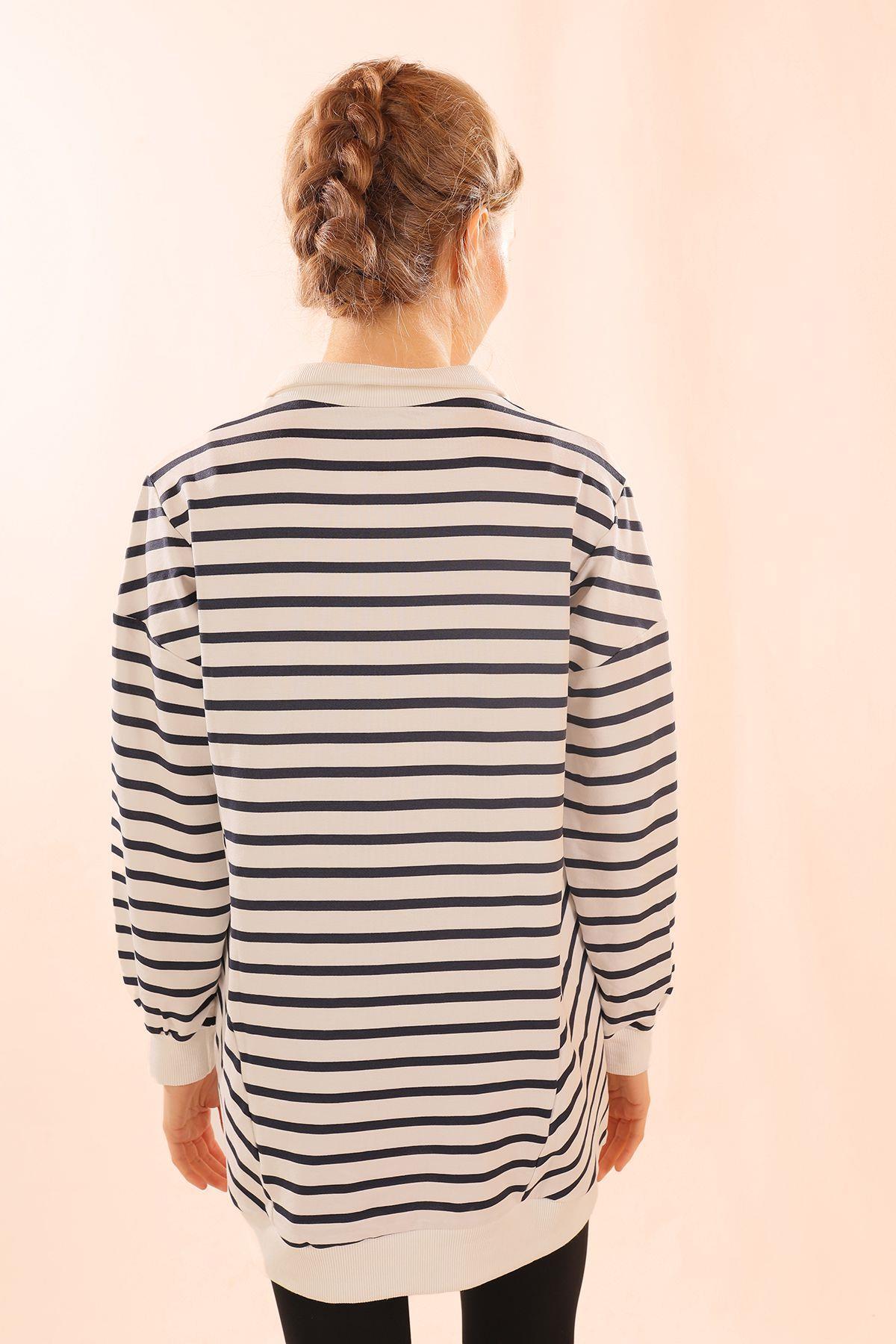 Laci Yaka Çıtçıtlı Çizgili Sweat 6868 - 4