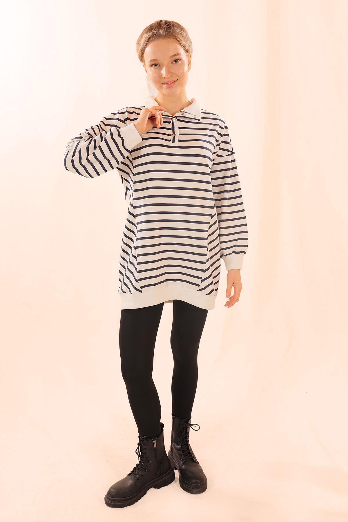 Laci Yaka Çıtçıtlı Çizgili Sweat 6868 - 5