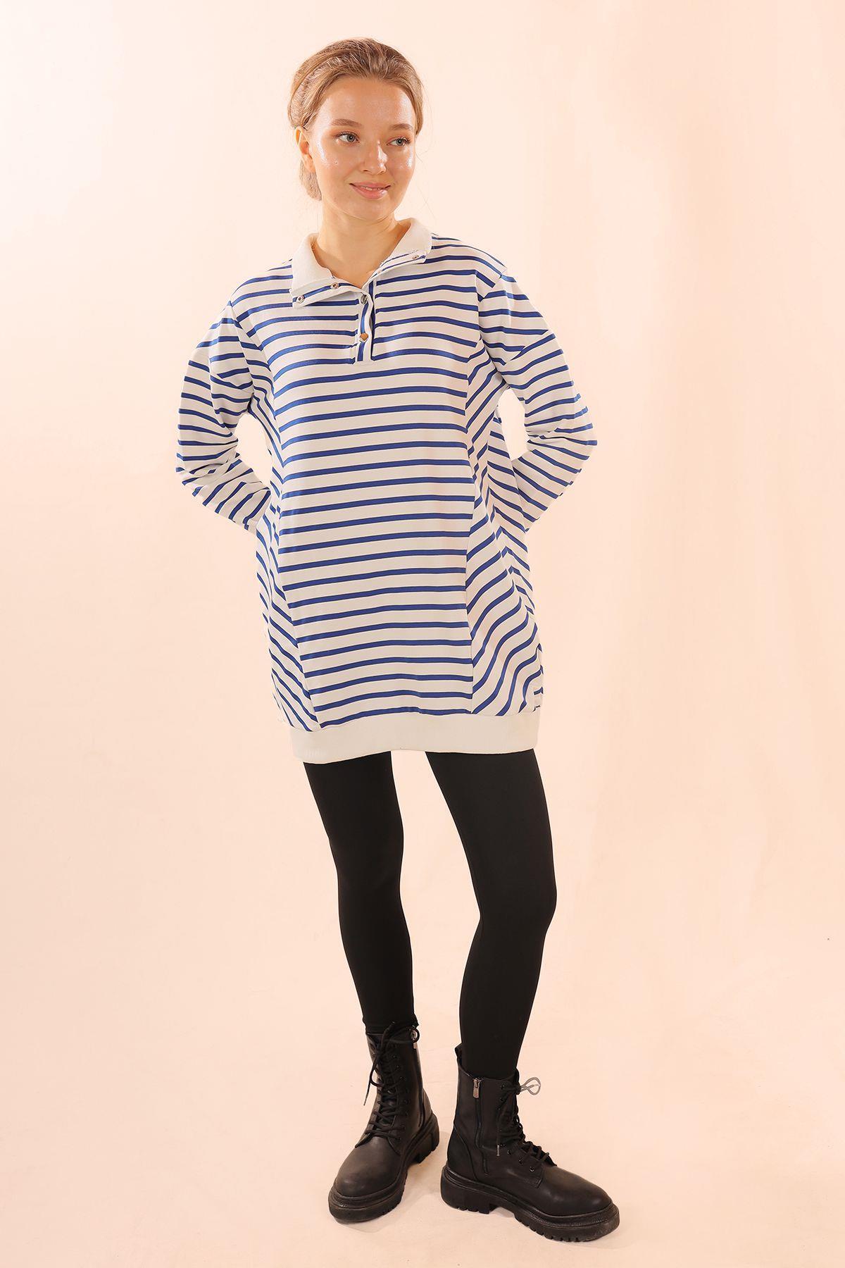 6868 Yaka Çıtçıtlı Çizgili Sweat Saks - 5