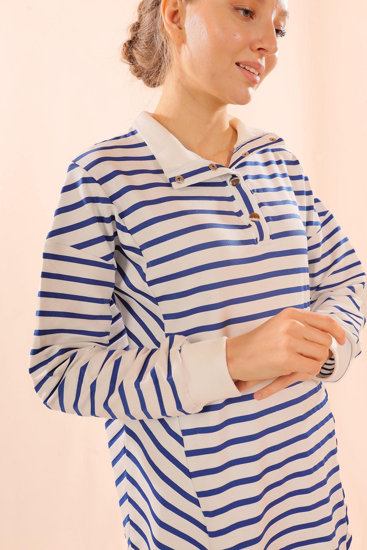 6868 Yaka Çıtçıtlı Çizgili Sweat Saks - 3