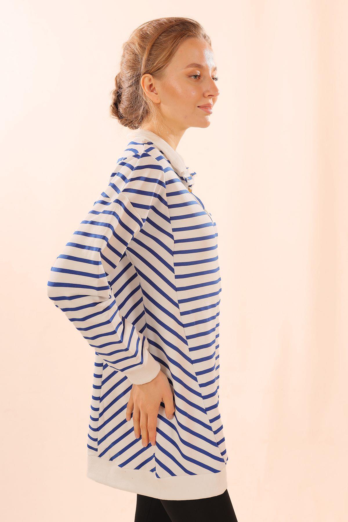 Saks Yaka Çıtçıtlı Çizgili Sweat 6868 - 4