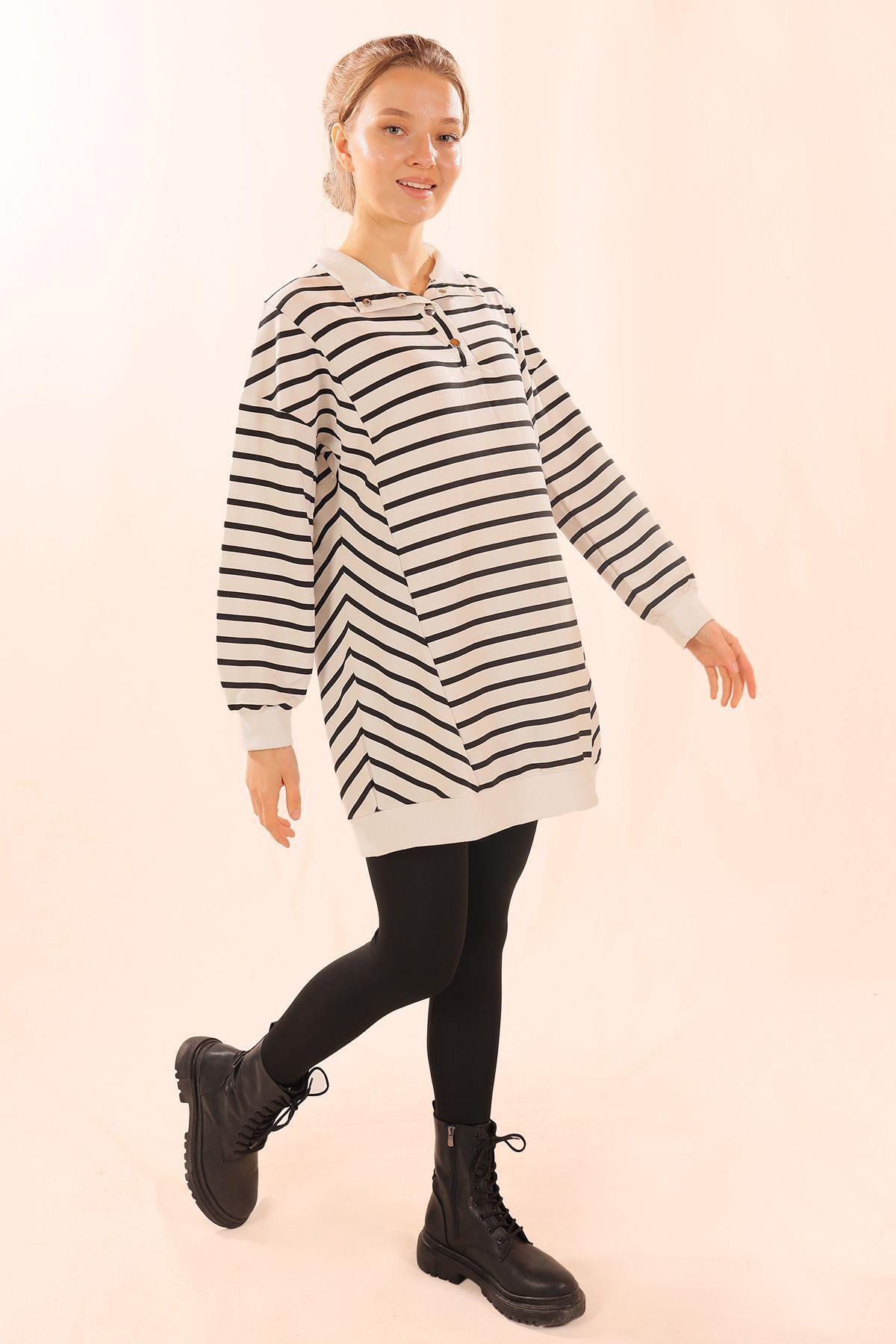 6868 Yaka Çıtçıtlı Çizgili Sweat Siyah - 5