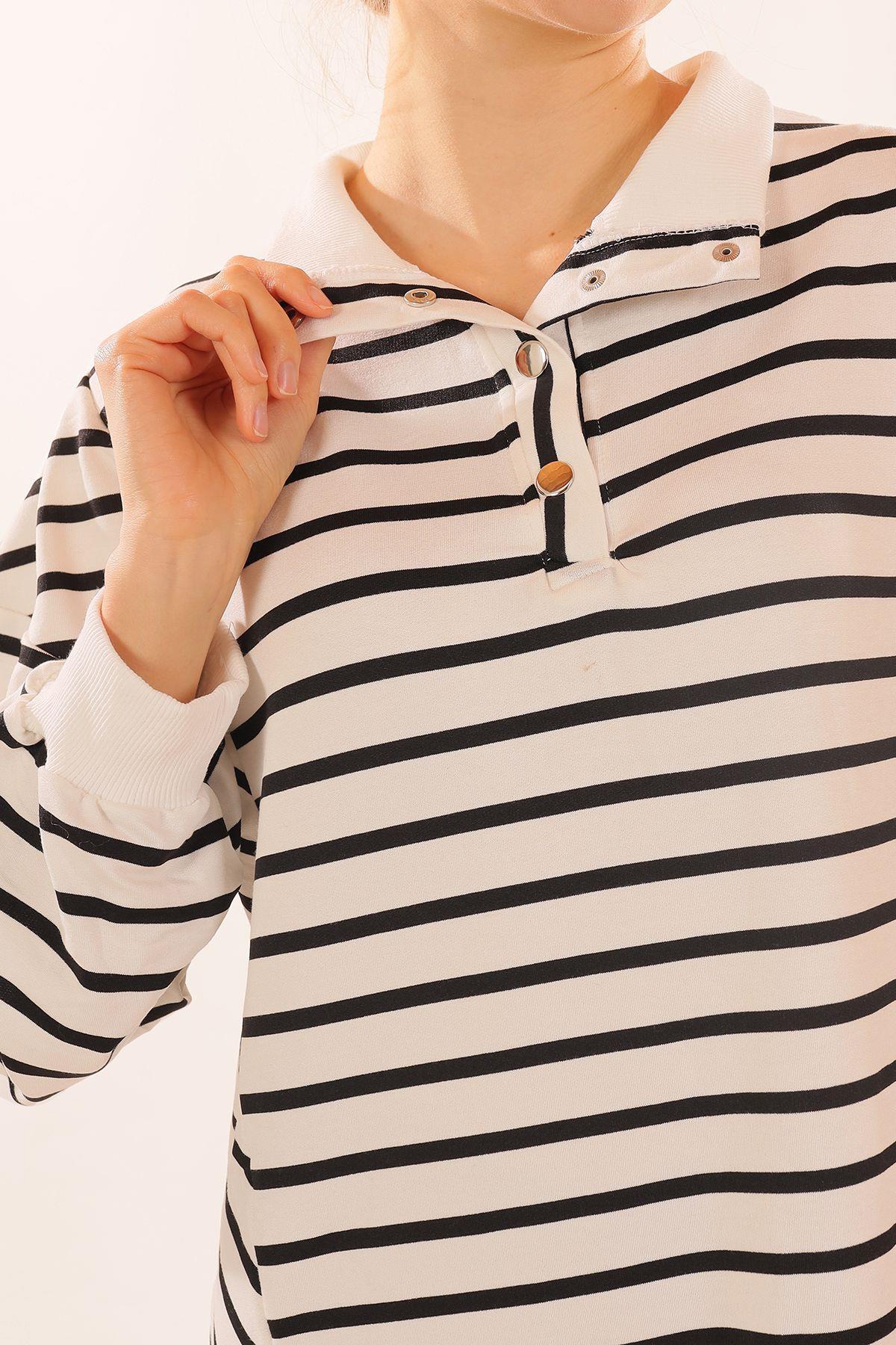 6868 Yaka Çıtçıtlı Çizgili Sweat Siyah - 3