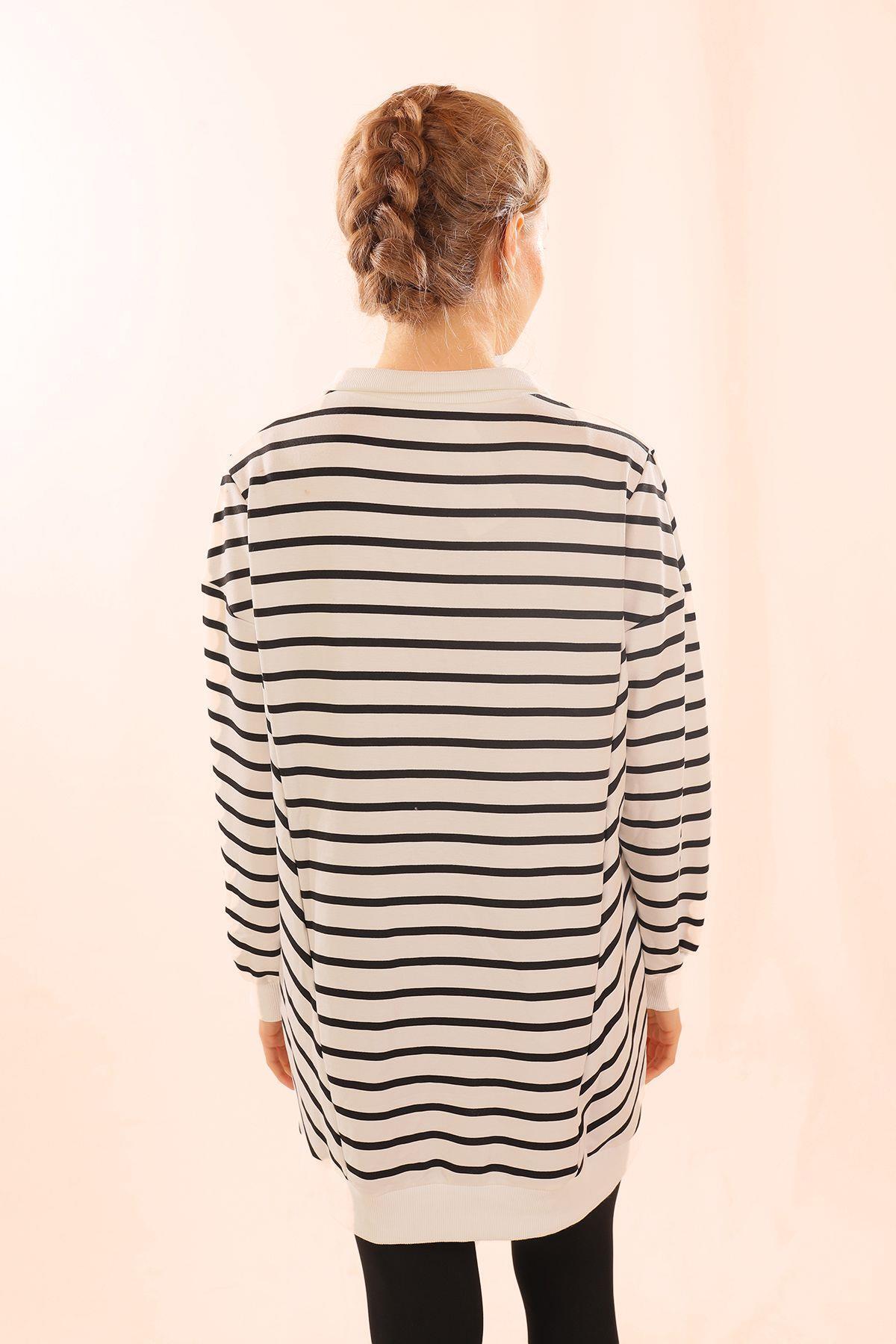 6868 Yaka Çıtçıtlı Çizgili Sweat Siyah - 4