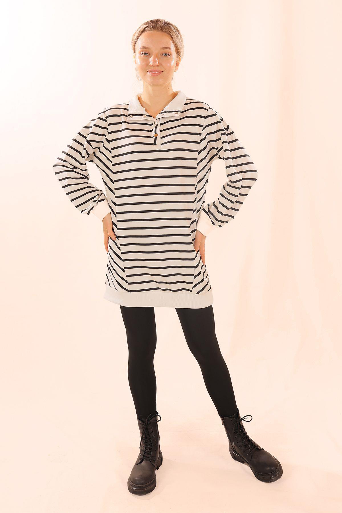 6868 Yaka Çıtçıtlı Çizgili Sweat Siyah - 6