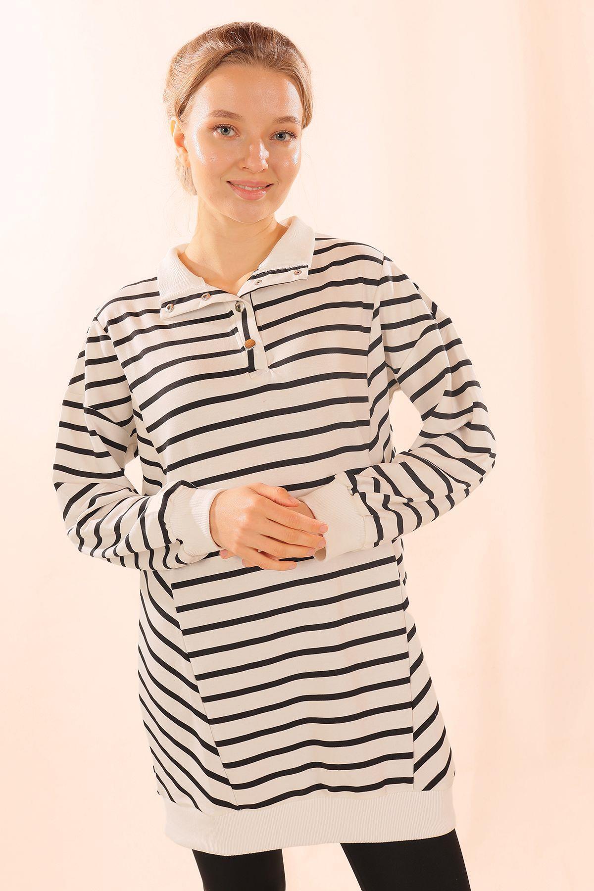 Siyah Yaka Çıtçıtlı Çizgili Sweat 6868 - 1