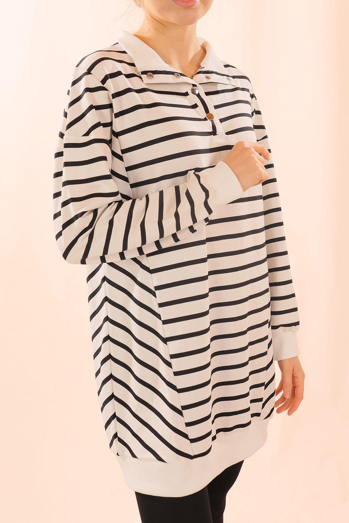 Siyah Yaka Çıtçıtlı Çizgili Sweat 6868 - 2