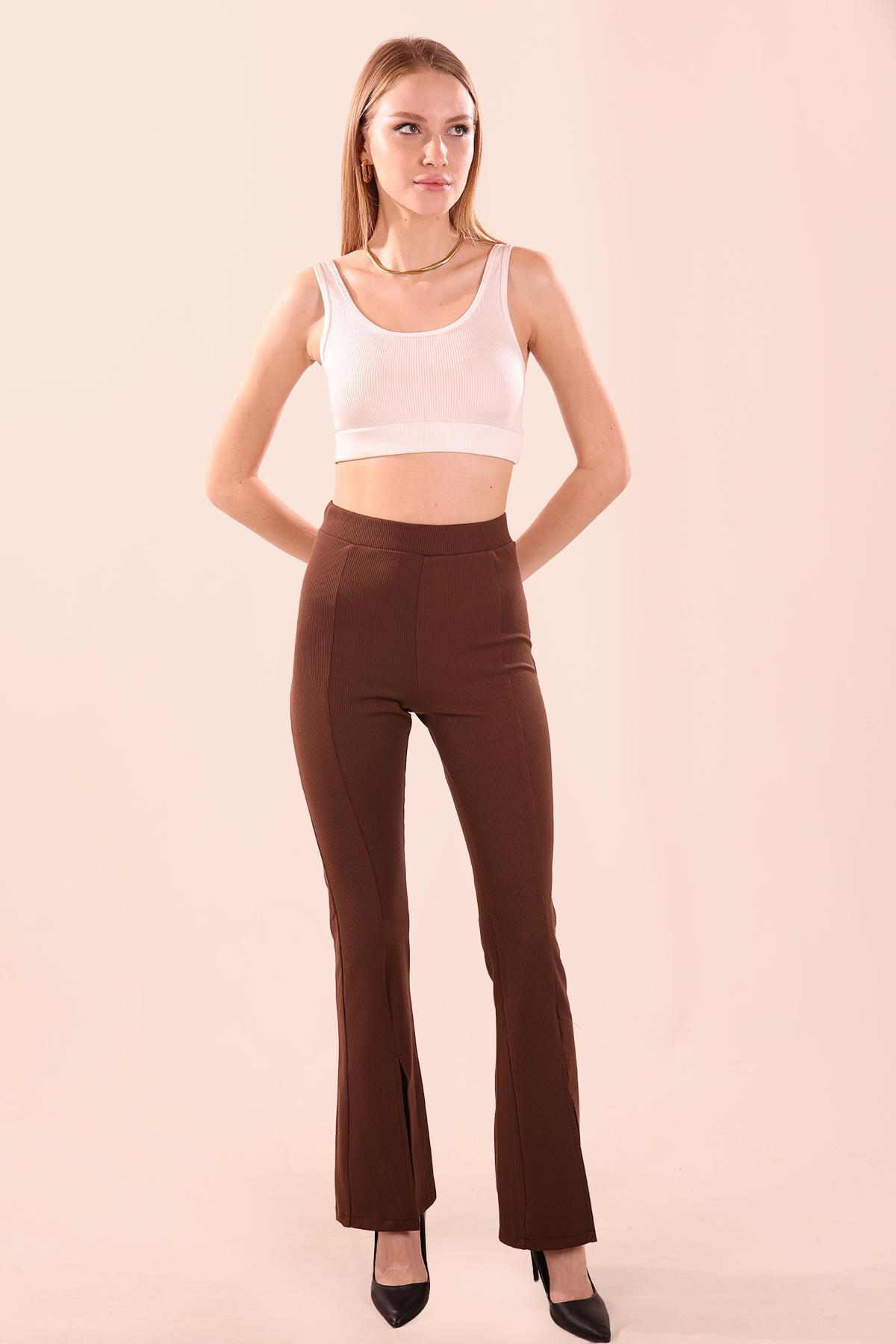 6869A İspanyol Paça Yırtmaçlı Pantolon Kahve 