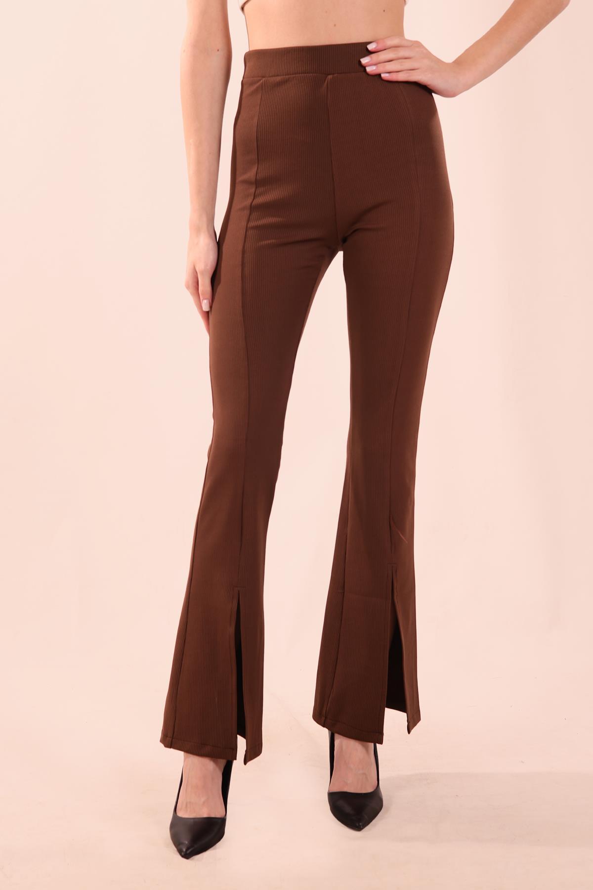 6869A İspanyol Paça Yırtmaçlı Pantolon Kahve - 2