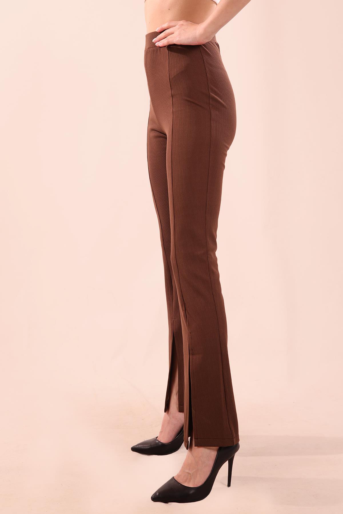 6869A İspanyol Paça Yırtmaçlı Pantolon Kahve - 4